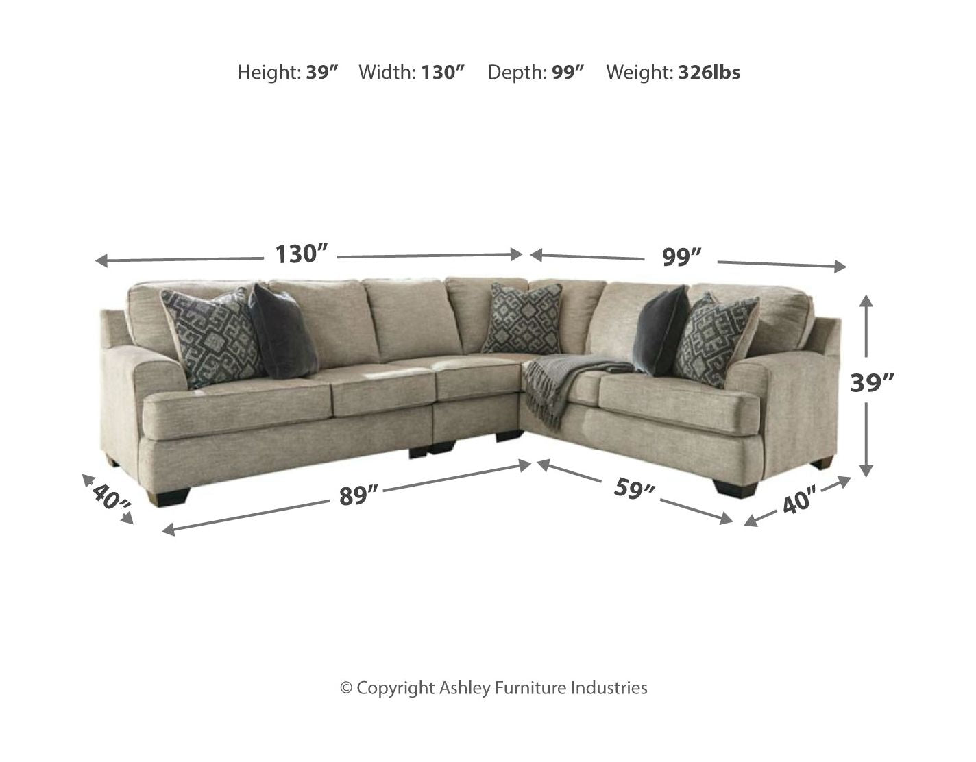 Stone sectional sofa dimensions diagram, 2-piece corner configuration view