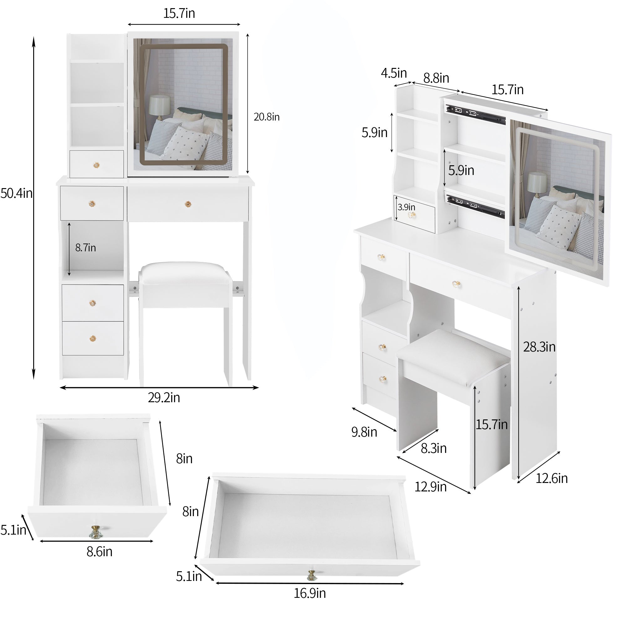 Small Space Vanity Set | LED Mirror, Stool, Drawer-American Furniture Outlet