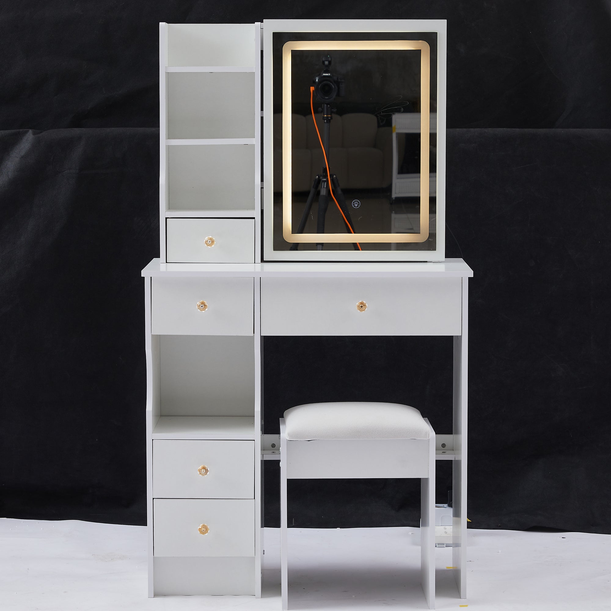 Small Space Vanity Set | LED Mirror, Stool, Drawer-American Furniture Outlet