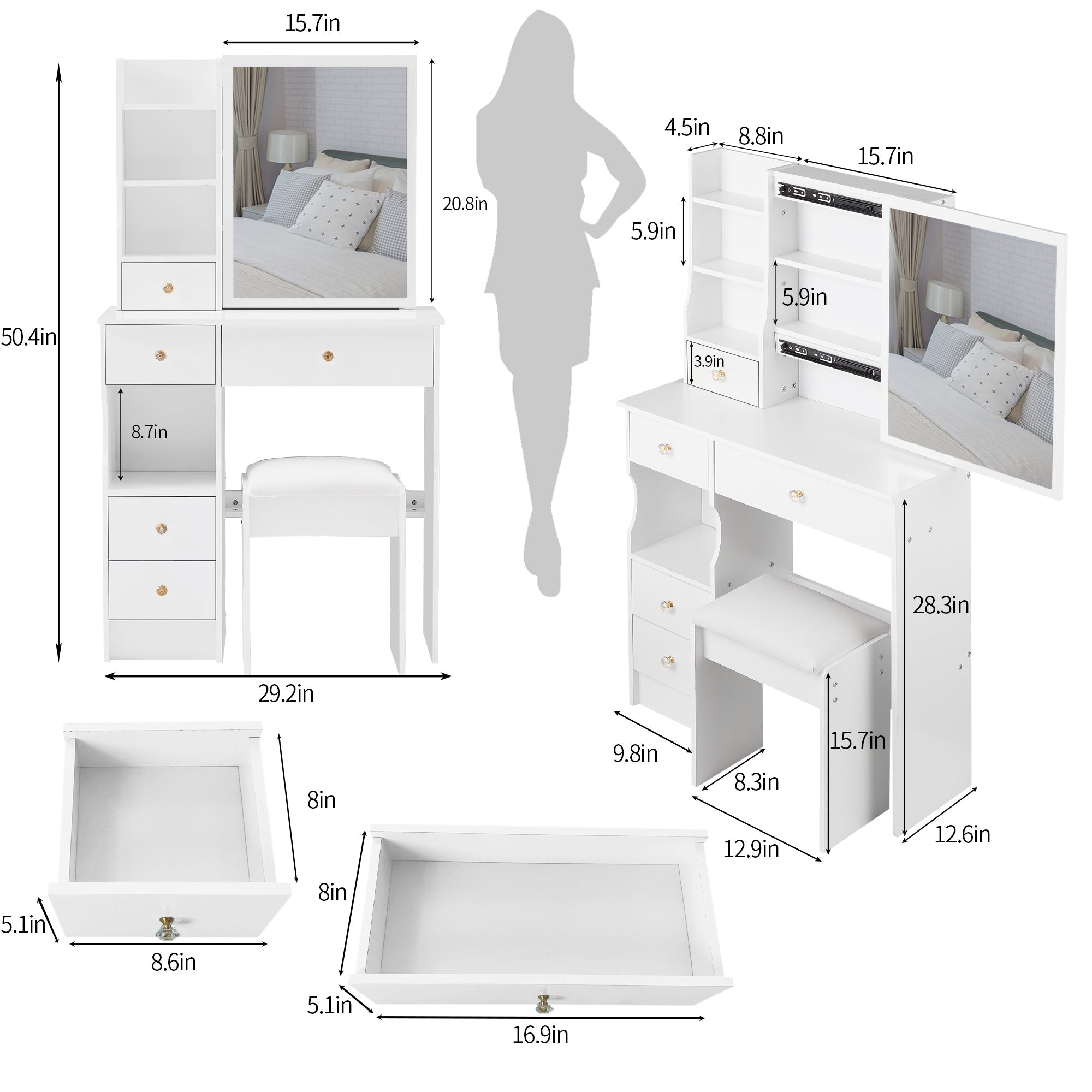 Small Space Vanity Table with Stool & Large Mirror-American Furniture Outlet