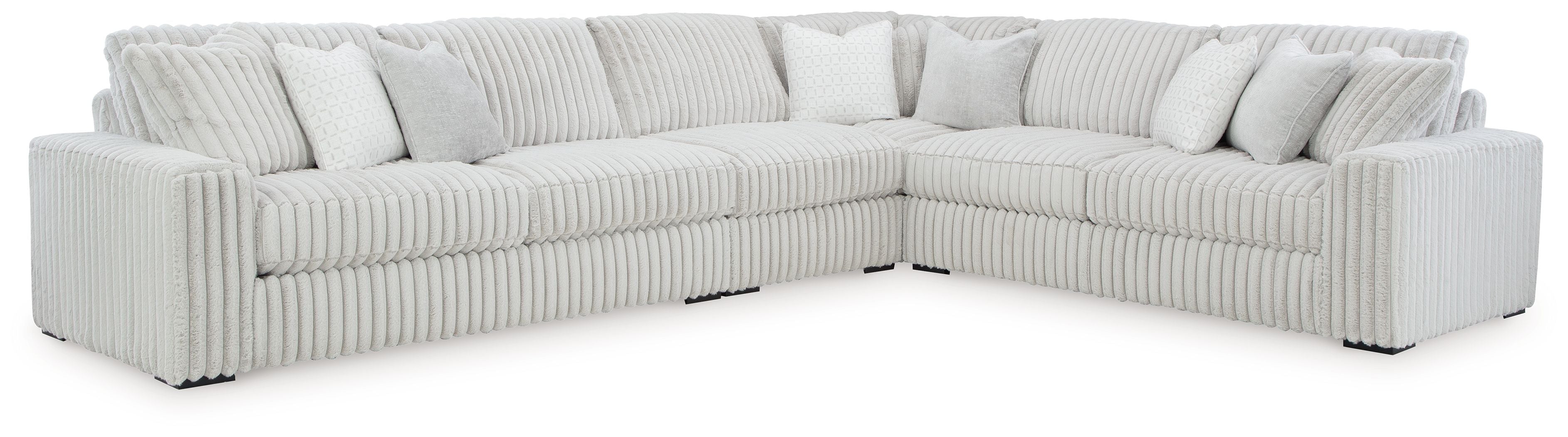 Light gray sectional sofa with corner chaise and striped ribbed fabric upholstery