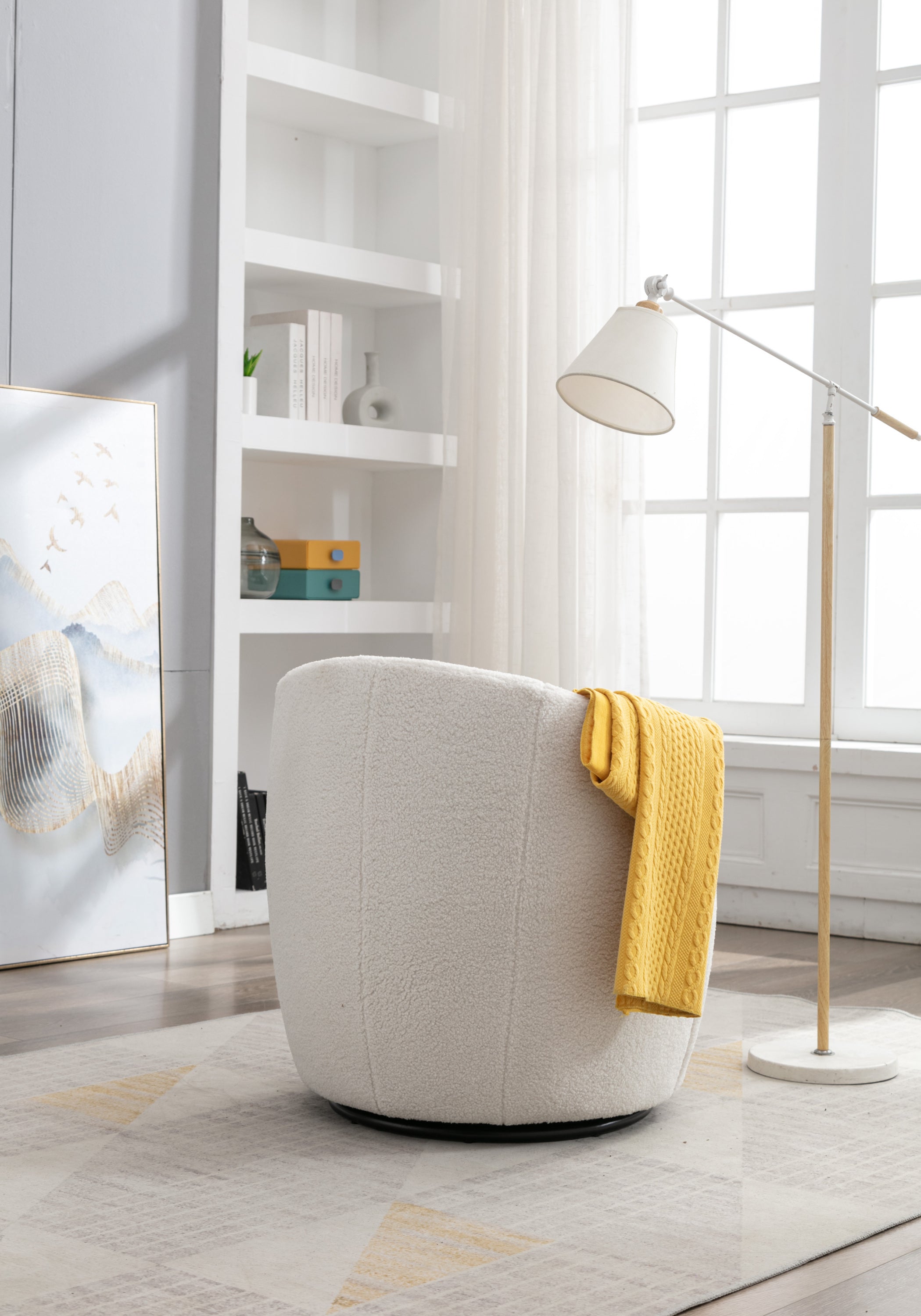 Teddy Fabric Swivel Accent Armchair with Black Powder Coating Metal Ring | Ivory White | Stylish & Comfortable-American Furniture Outlet