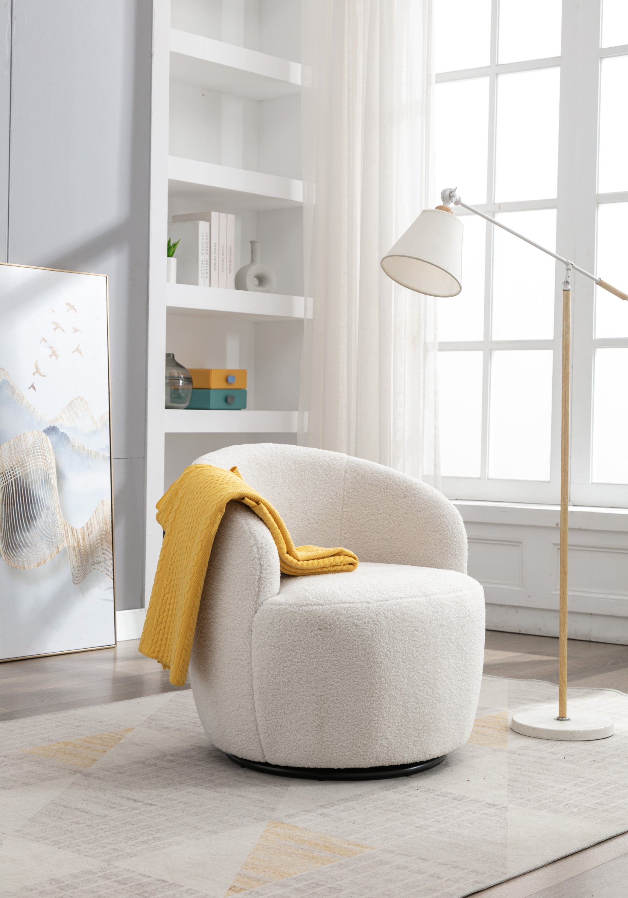 Teddy Fabric Swivel Accent Armchair with Black Powder Coating Metal Ring | Ivory White | Stylish & Comfortable-American Furniture Outlet