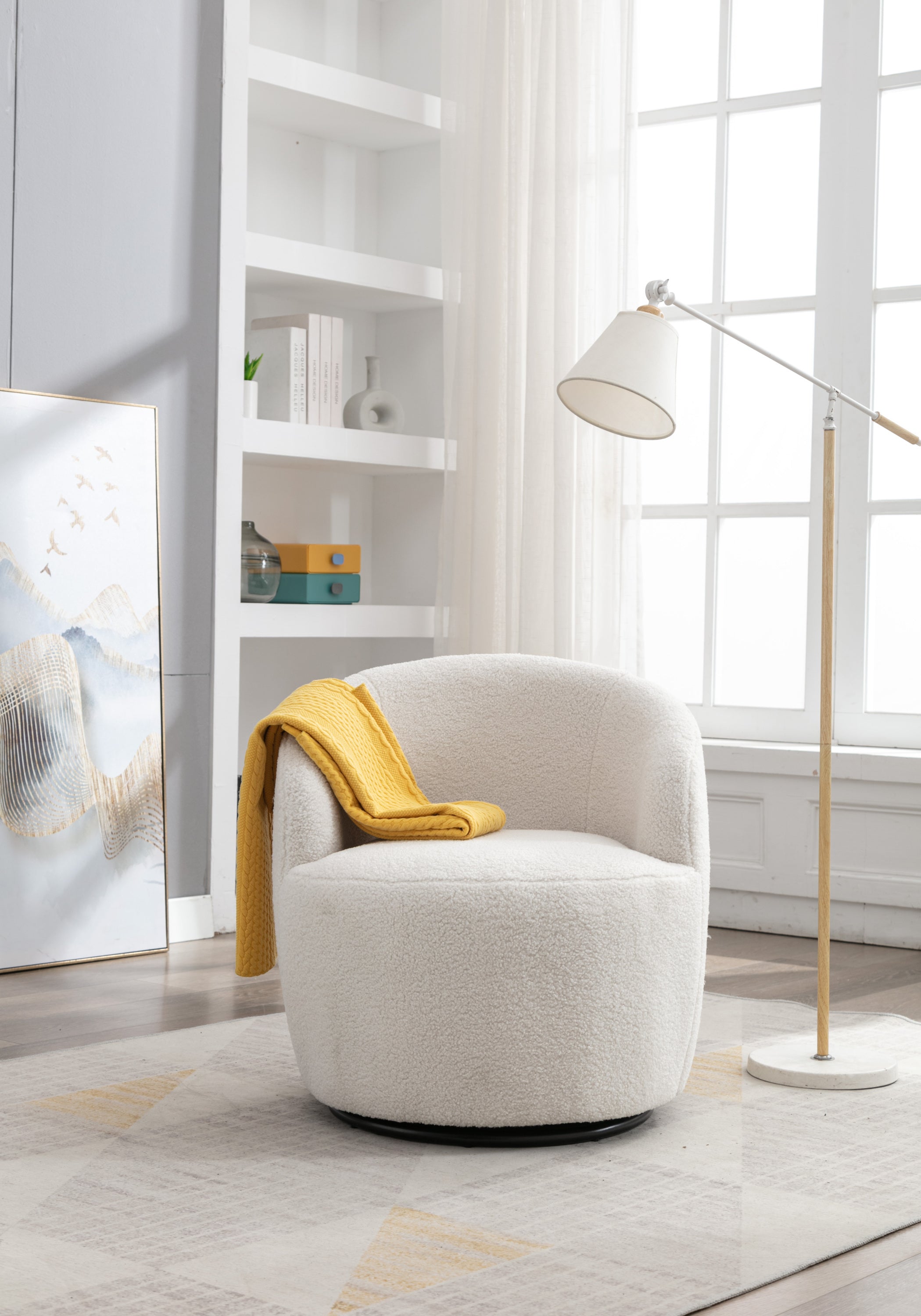 Teddy Fabric Swivel Accent Armchair with Black Powder Coating Metal Ring | Ivory White | Stylish & Comfortable-American Furniture Outlet