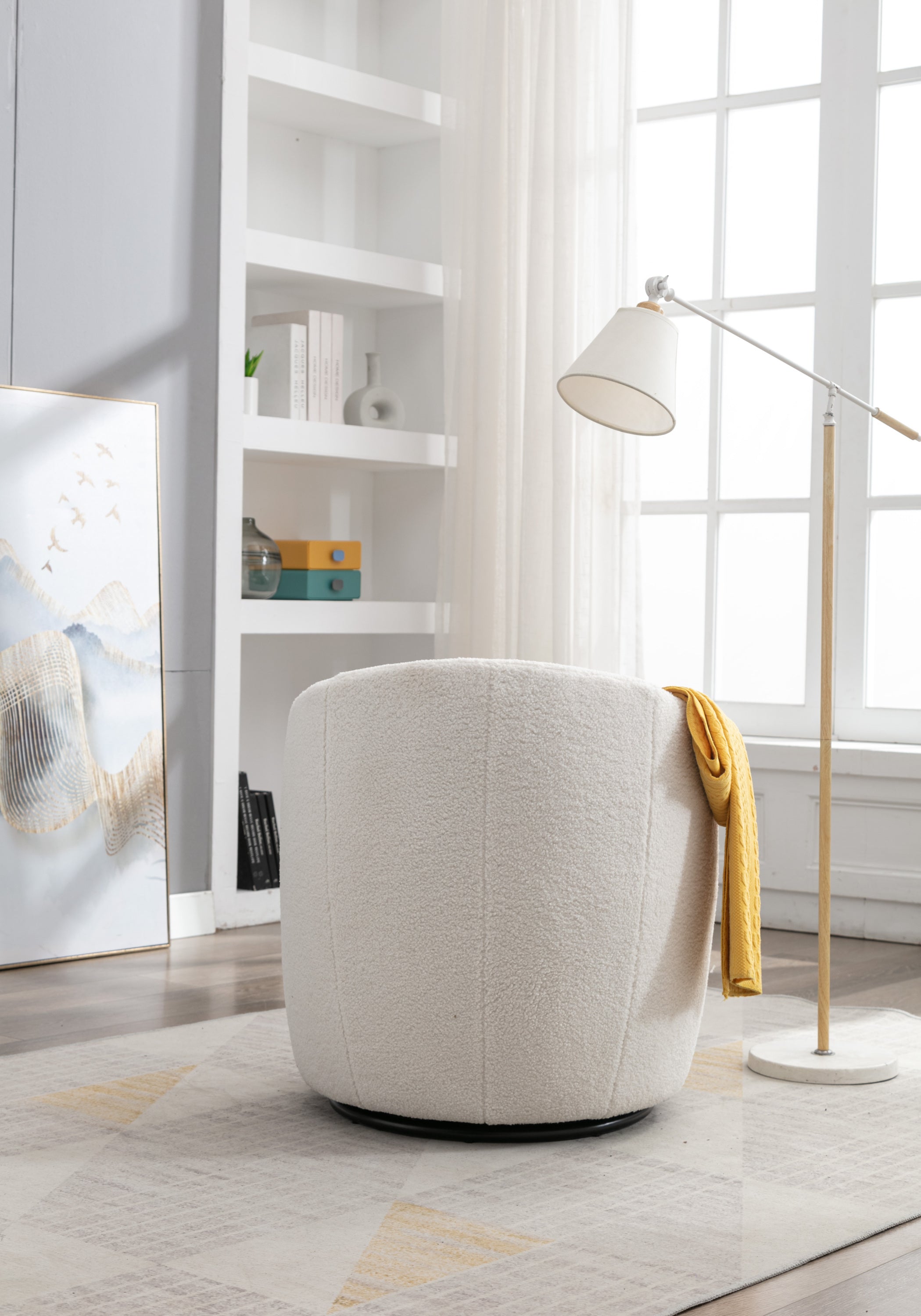 Teddy Fabric Swivel Accent Armchair with Black Powder Coating Metal Ring | Ivory White | Stylish & Comfortable-American Furniture Outlet