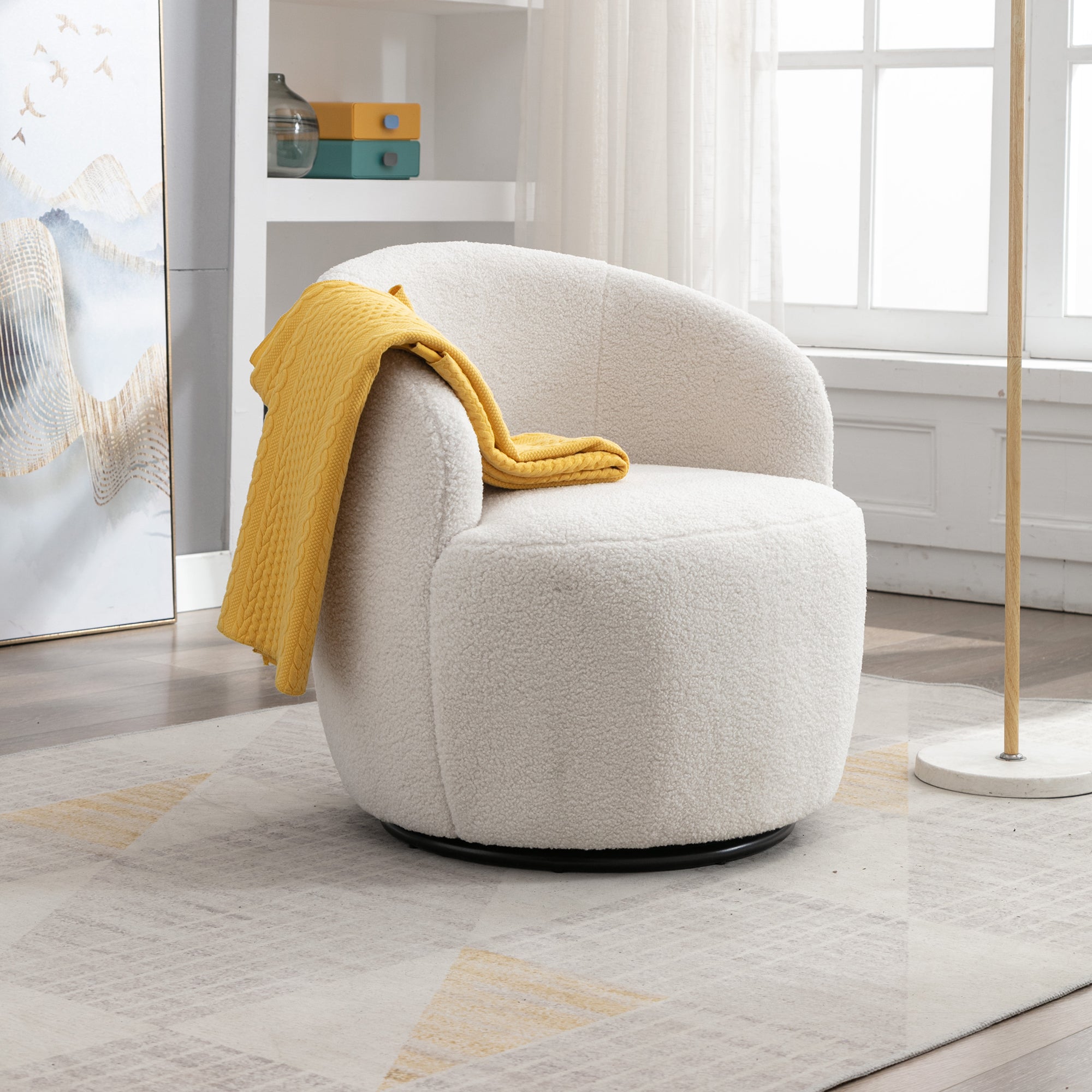 Teddy Fabric Swivel Accent Armchair with Black Powder Coating Metal Ring | Ivory White | Stylish & Comfortable-American Furniture Outlet