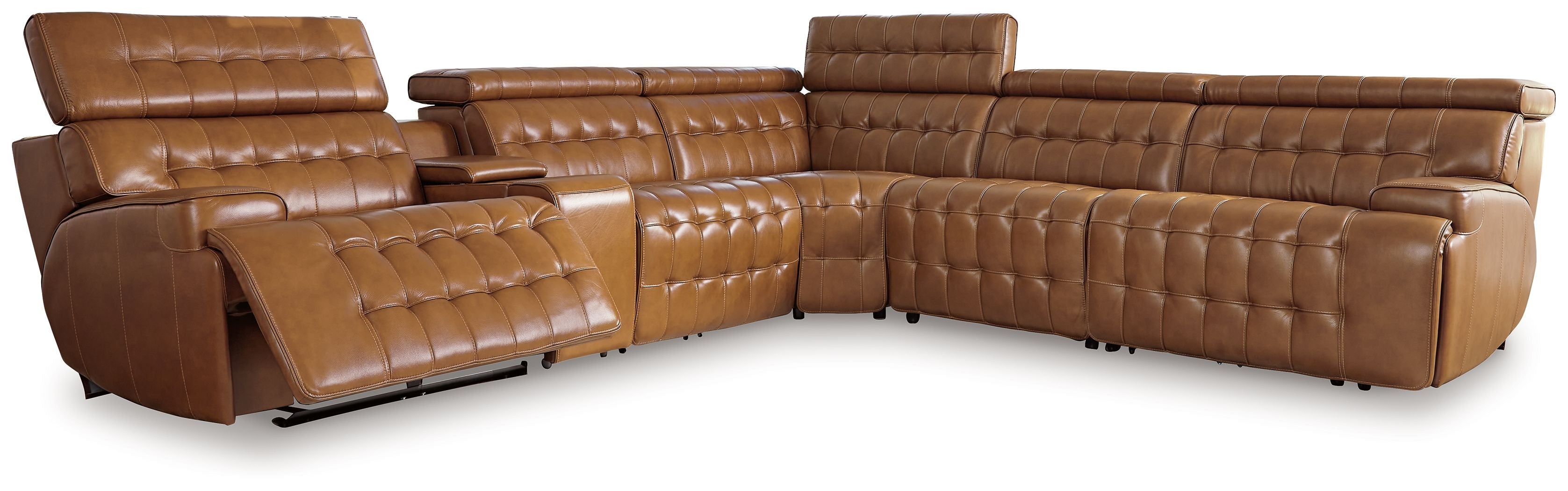 Chocolate brown reclining sectional with chaise-style ottoman and quilted leather-look upholstery