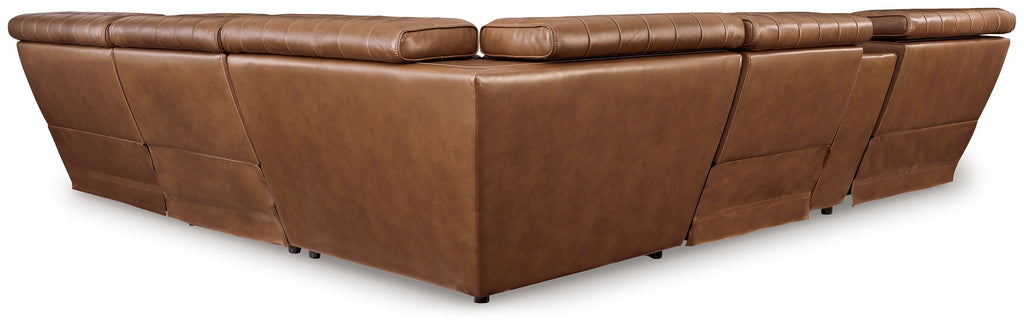 Brown reclining sectional sofa side view with deep seat and padded back panels