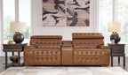 Chocolate brown reclining sectional sofa with two recliner seats and padded armrests