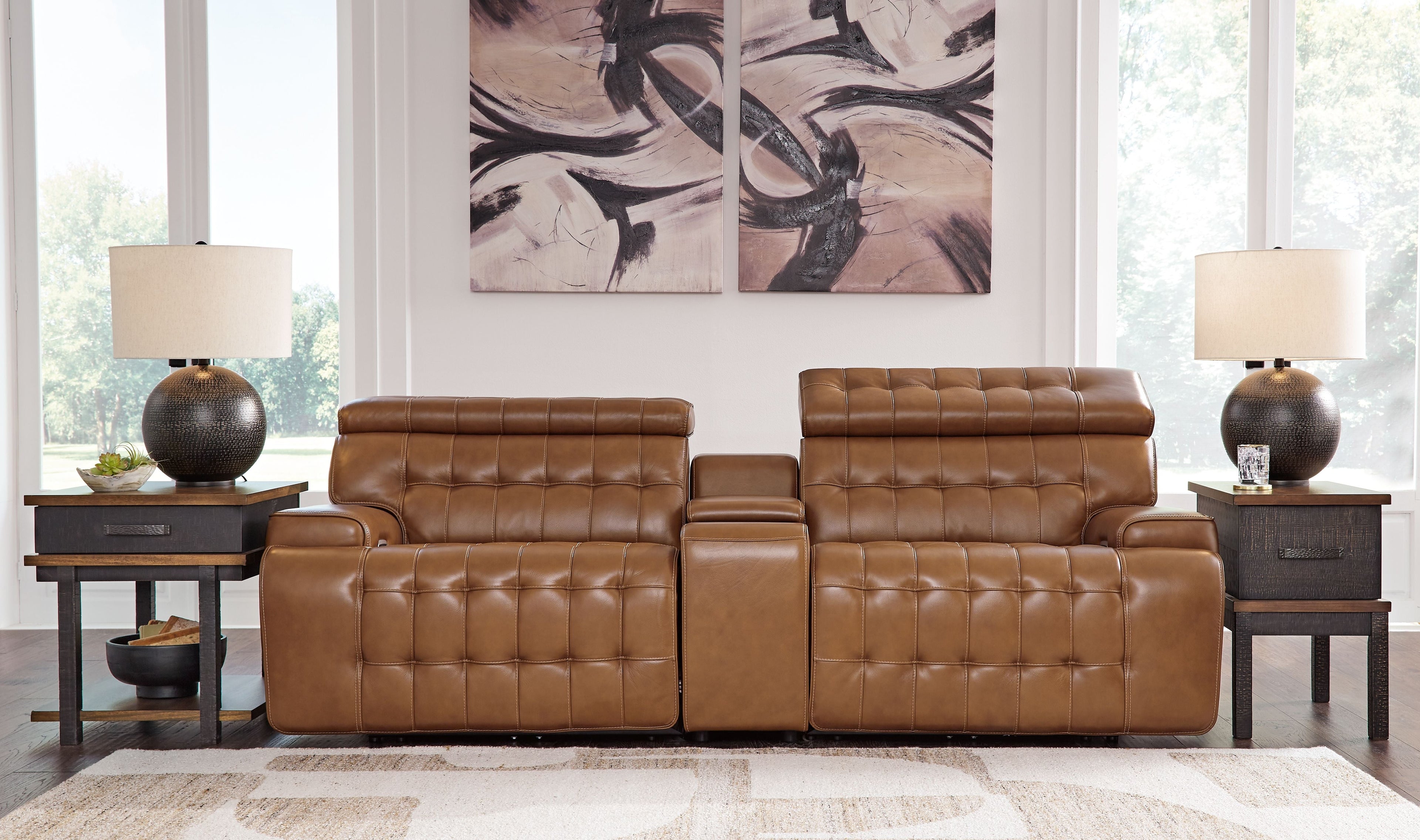 Chocolate brown reclining sectional sofa with two recliner seats and padded armrests