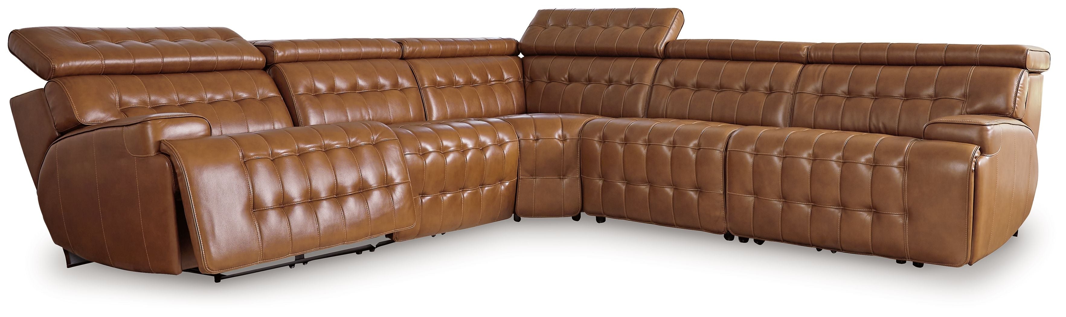 Chocolate brown reclining sectional sofa with quilted headrests and leather-look cushions
