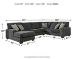 Dark gray sectional sofa dimensions diagram with height, width, and depth measurements