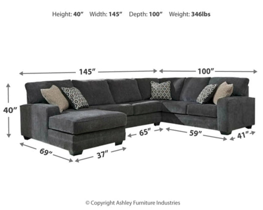 Dark gray sectional sofa dimensions diagram with height, width, and depth measurements