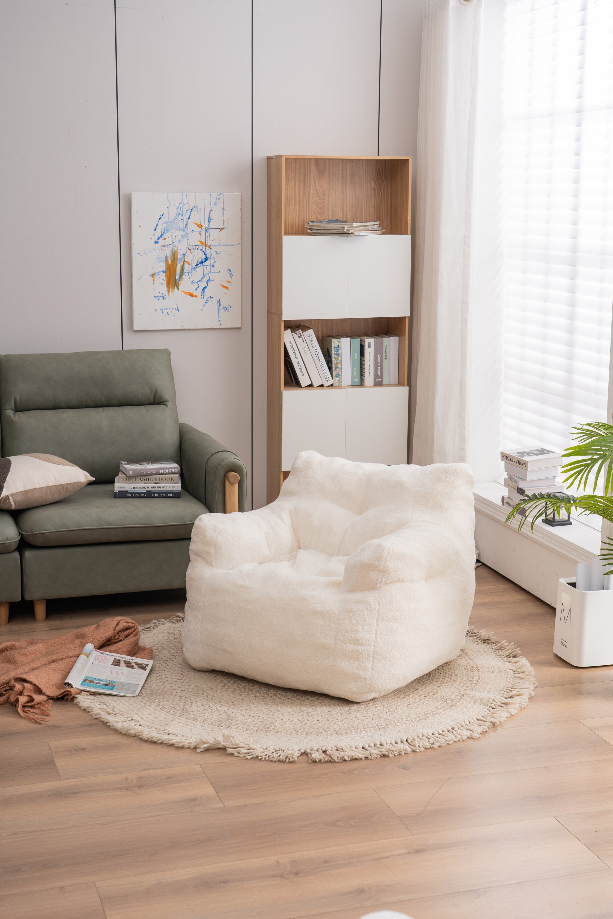 Tufted Teddy Bean Bag Chair - Ivory White-American Furniture Outlet