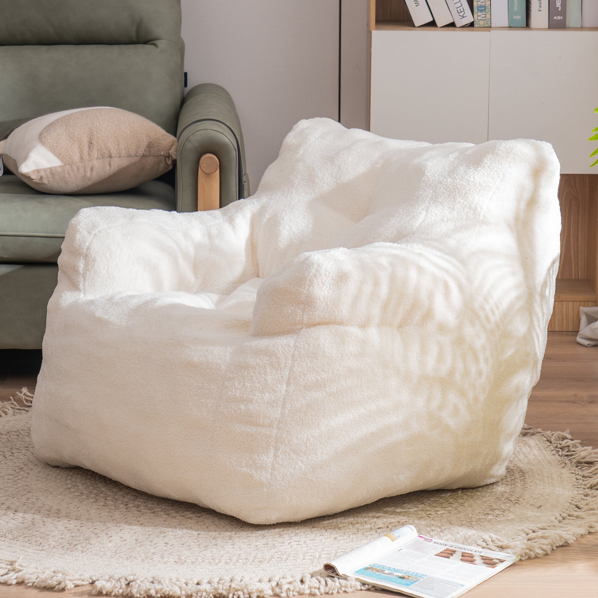 Tufted Teddy Bean Bag Chair - Ivory White-American Furniture Outlet