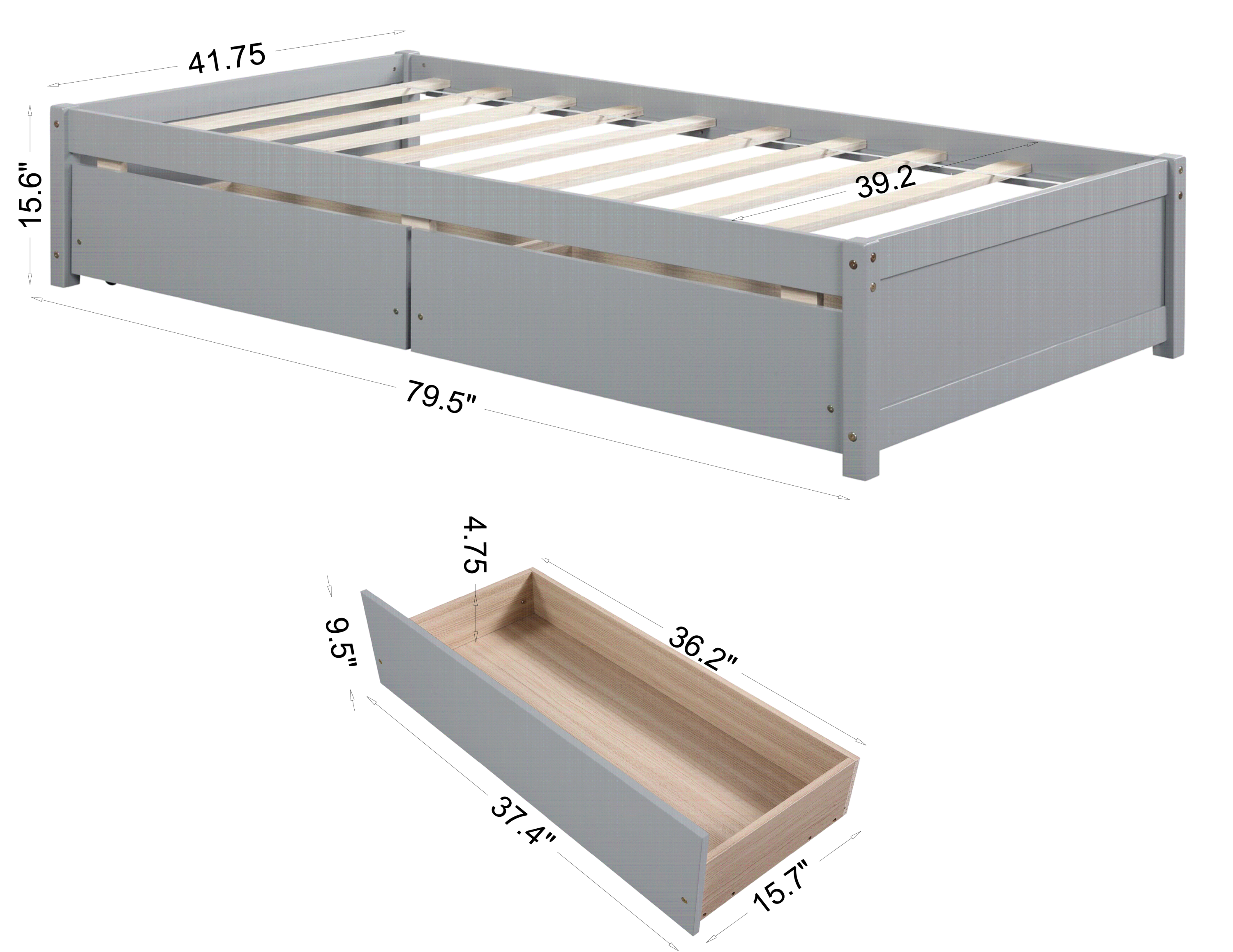 Twin Bed w/ Drawers - Solid Wood - Grey-American Furniture Outlet