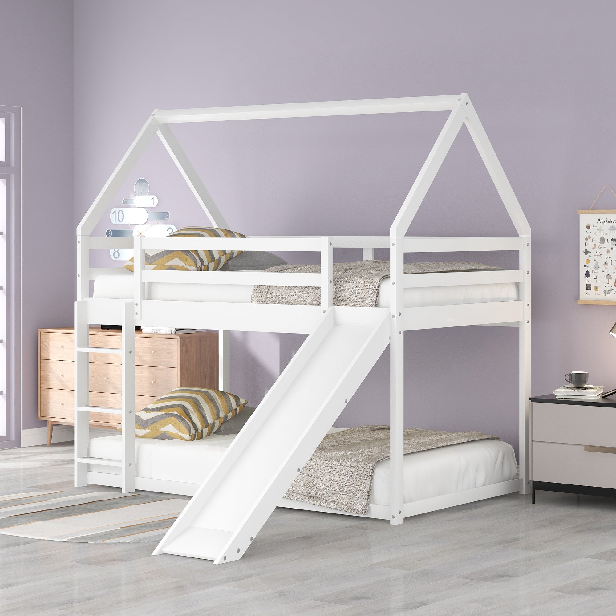 Twin Bunk Bed with Slide & Ladder - White-American Furniture Outlet