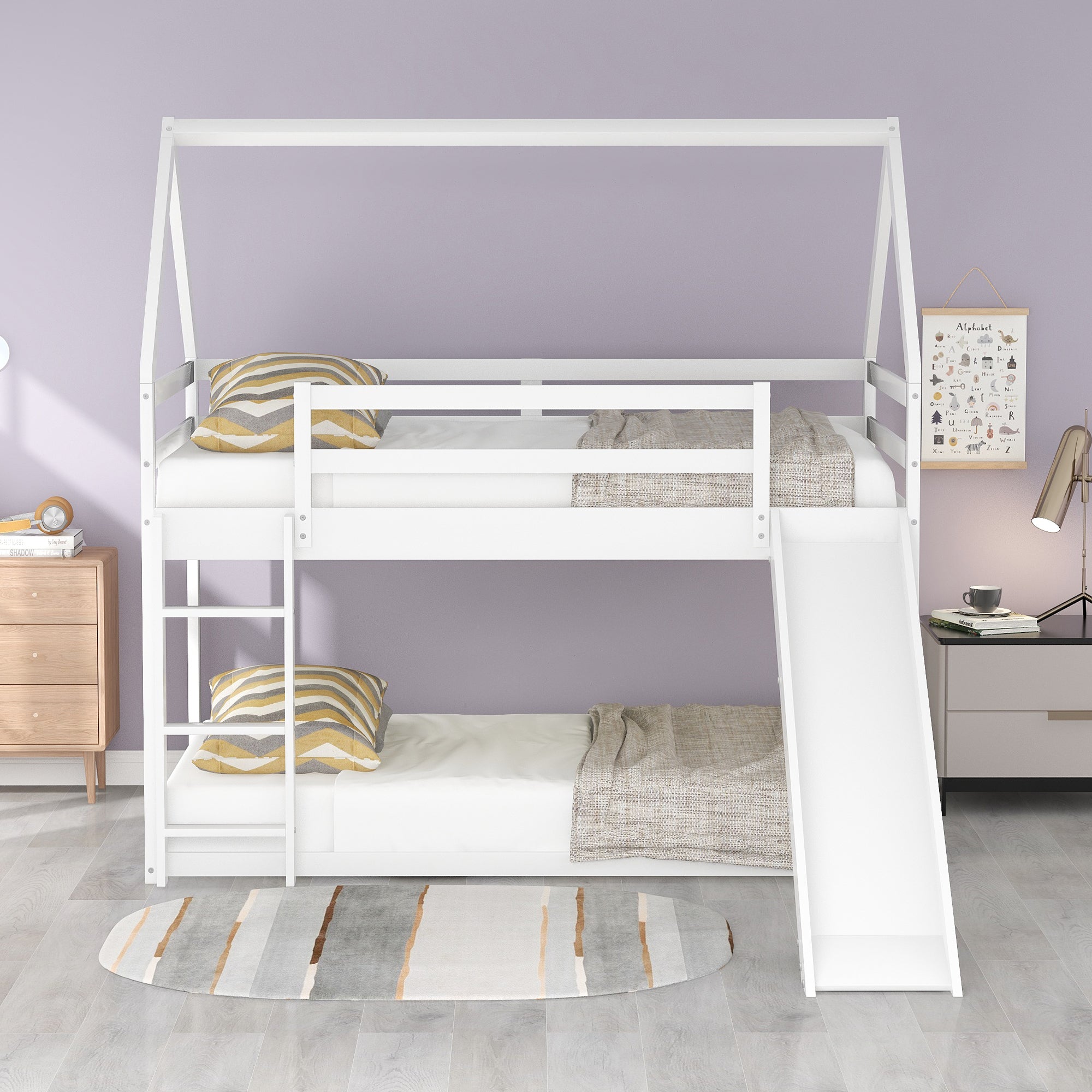 Twin Bunk Bed with Slide & Ladder - White-American Furniture Outlet