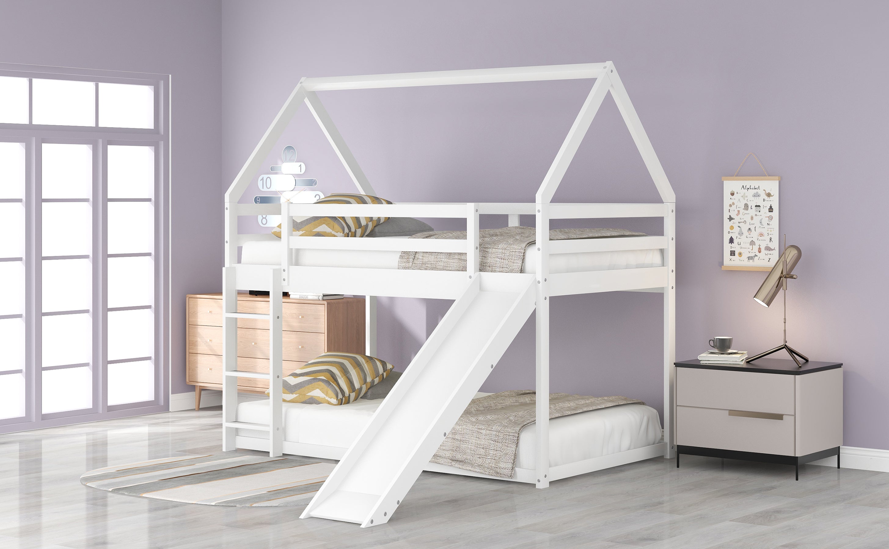 Twin Bunk Bed with Slide & Ladder - White-American Furniture Outlet