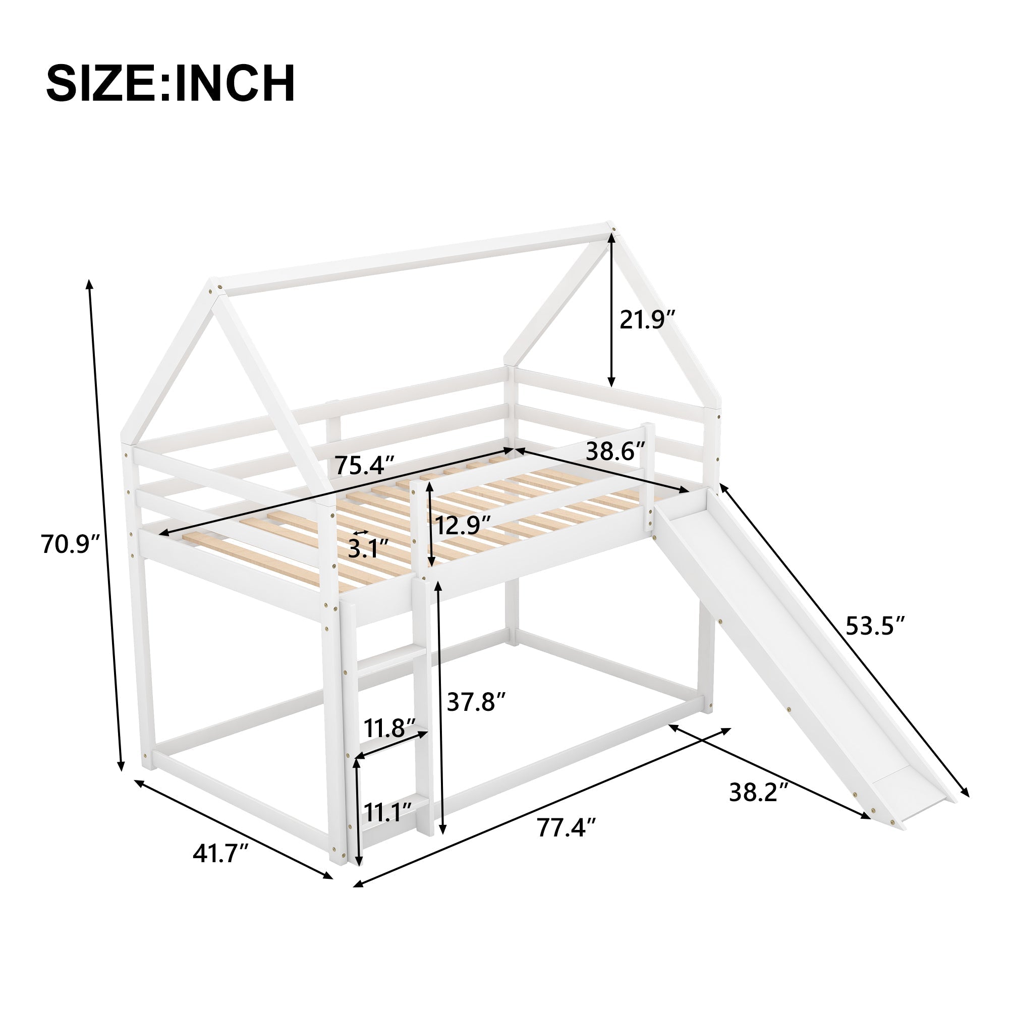 Twin Bunk Bed with Slide & Ladder - White-American Furniture Outlet