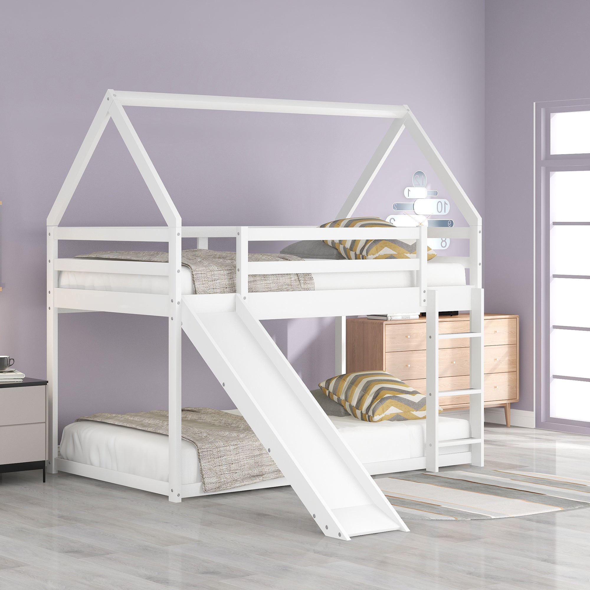 Twin Bunk Bed with Slide & Ladder - White-American Furniture Outlet