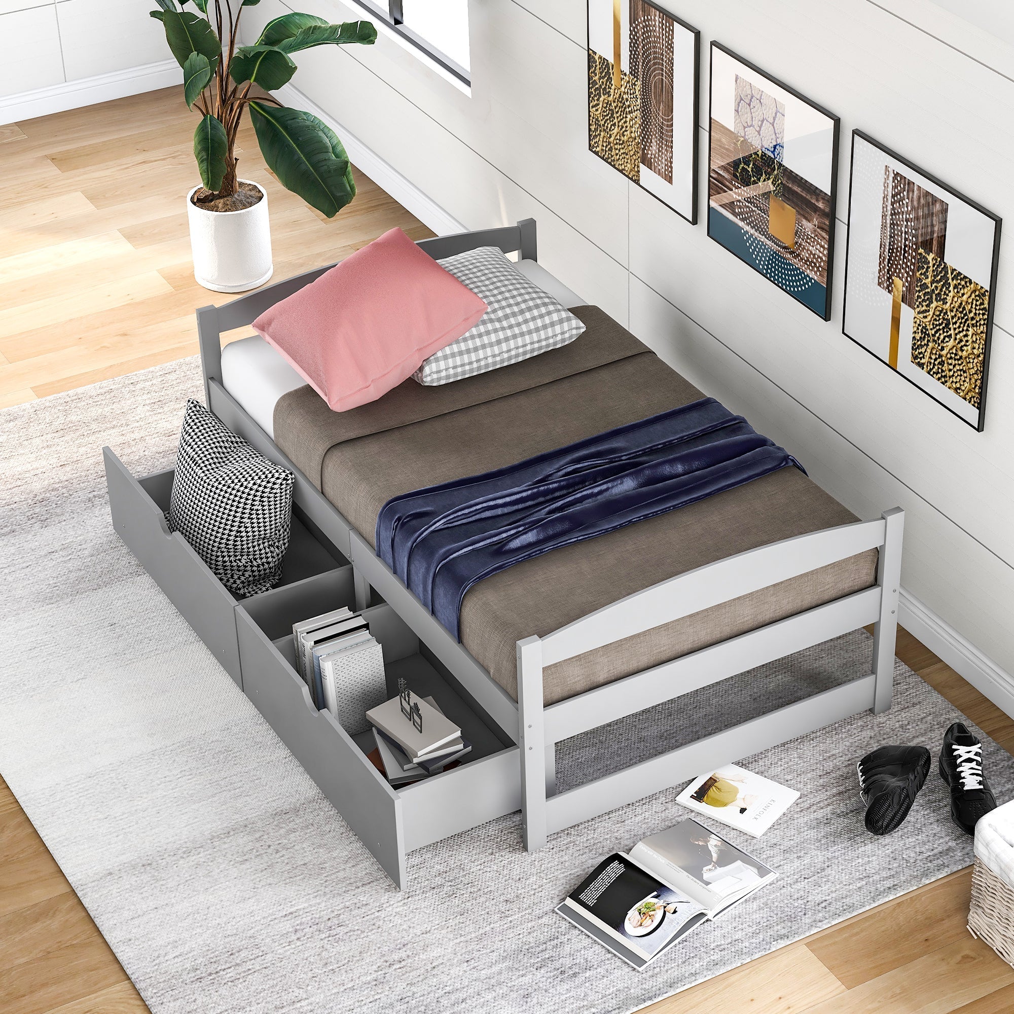 Twin Size Platform Bed with Two Drawers | Gray Finish | Space-Saving Solution-American Furniture Outlet