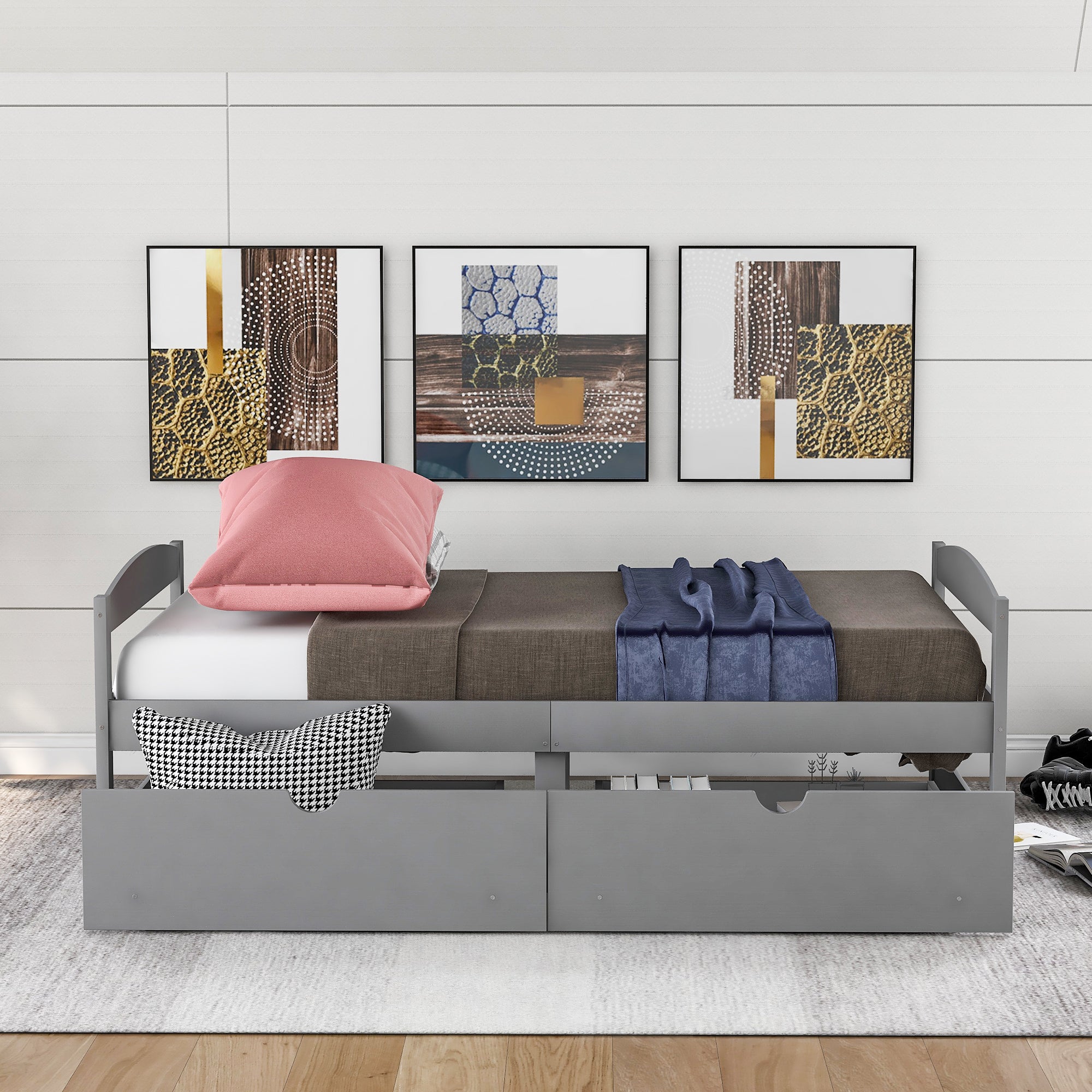 Twin Size Platform Bed with Two Drawers | Gray Finish | Space-Saving Solution-American Furniture Outlet