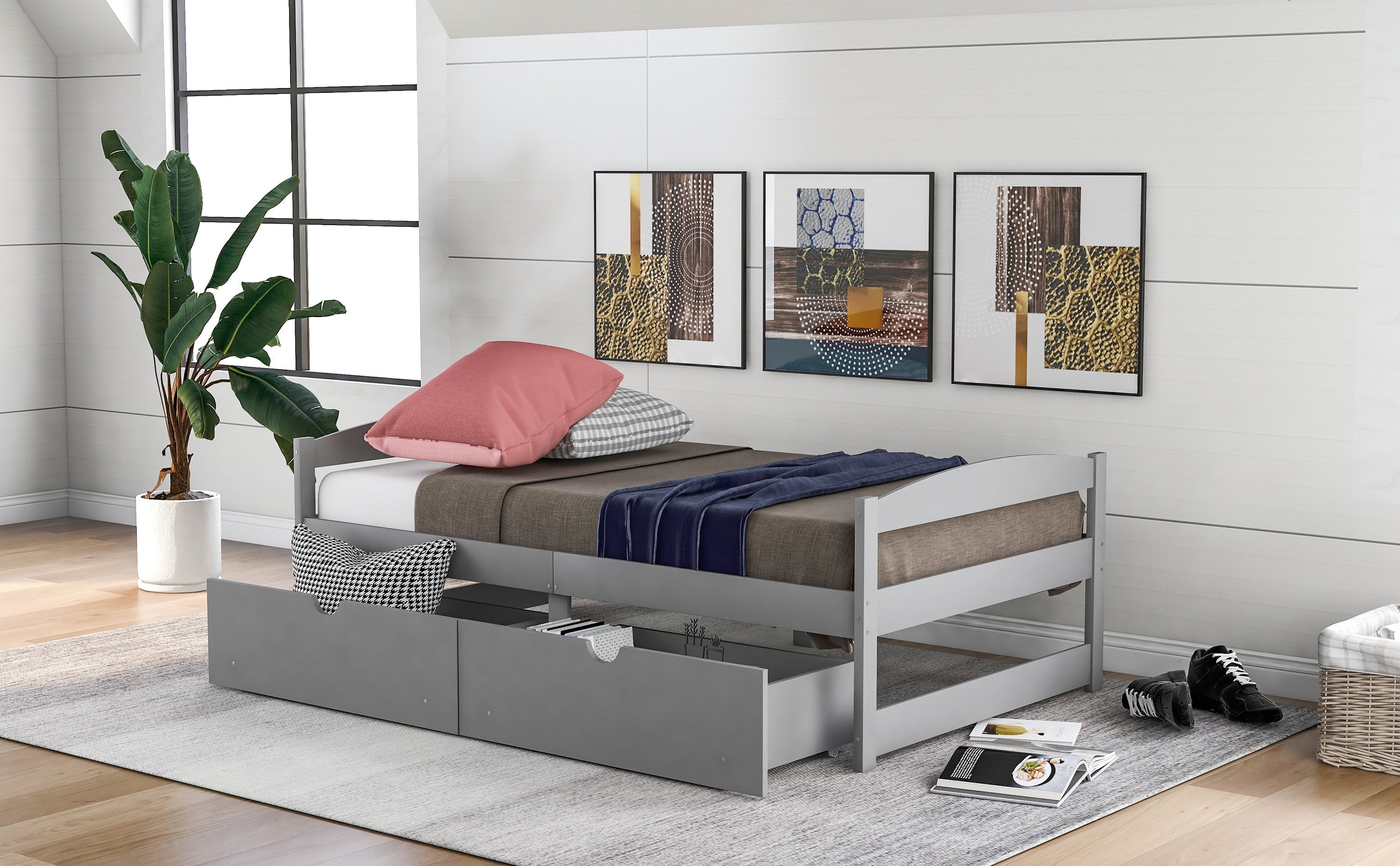 Twin Size Platform Bed with Two Drawers | Gray Finish | Space-Saving Solution-American Furniture Outlet