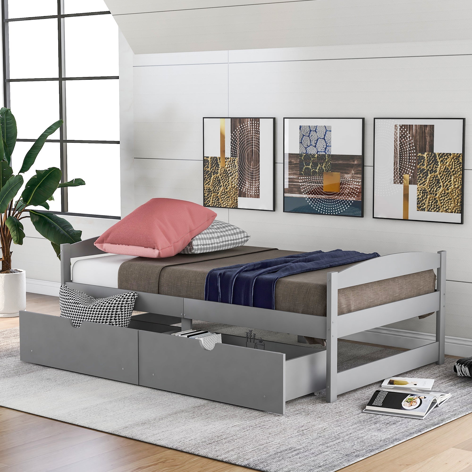 Twin Size Platform Bed with Two Drawers | Gray Finish | Space-Saving Solution-American Furniture Outlet