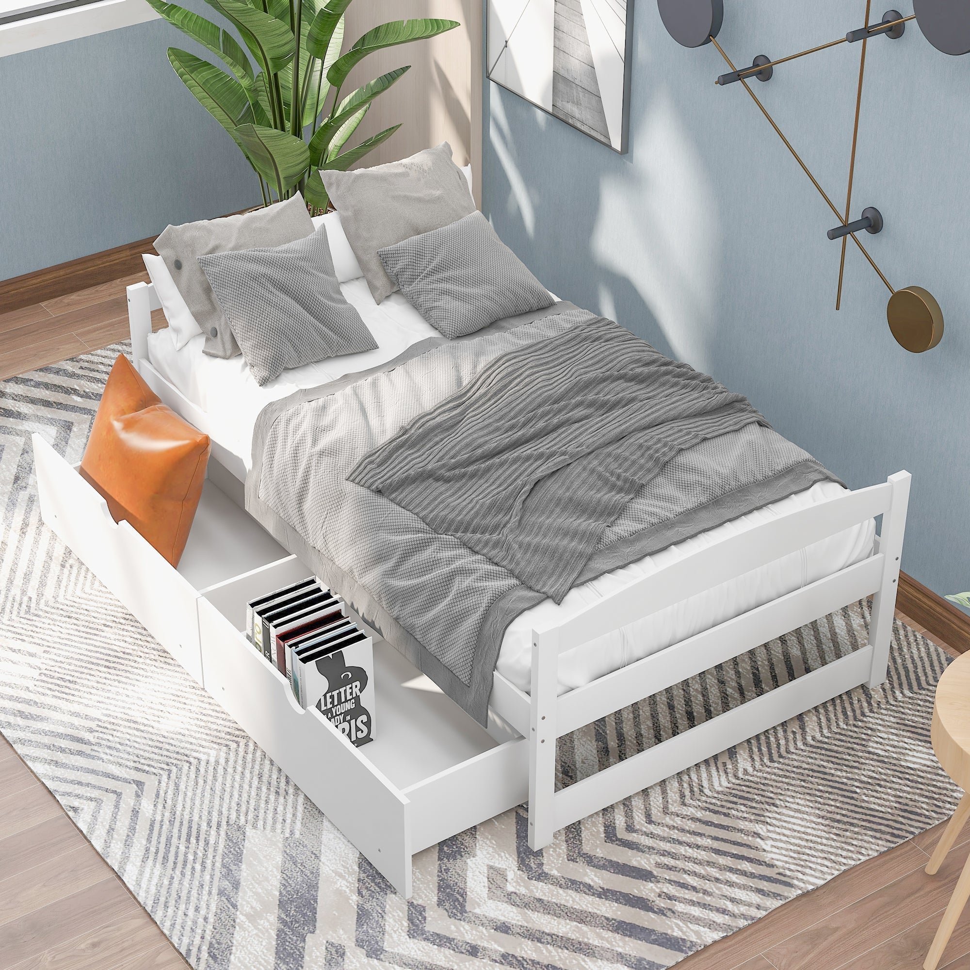 Twin Size Platform Bed with Two Drawers | White Finish | Space-Saving Solution-American Furniture Outlet