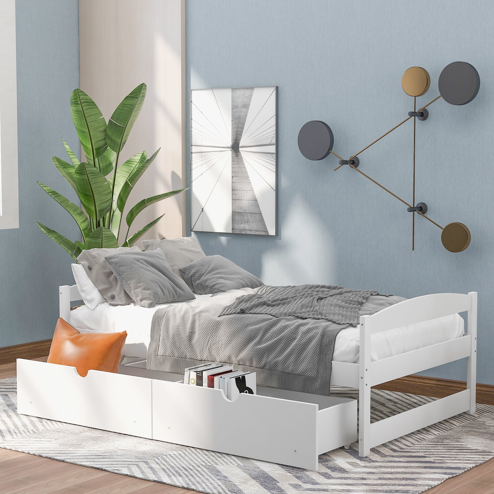 Twin Size Platform Bed with Two Drawers | White Finish | Space-Saving Solution-American Furniture Outlet