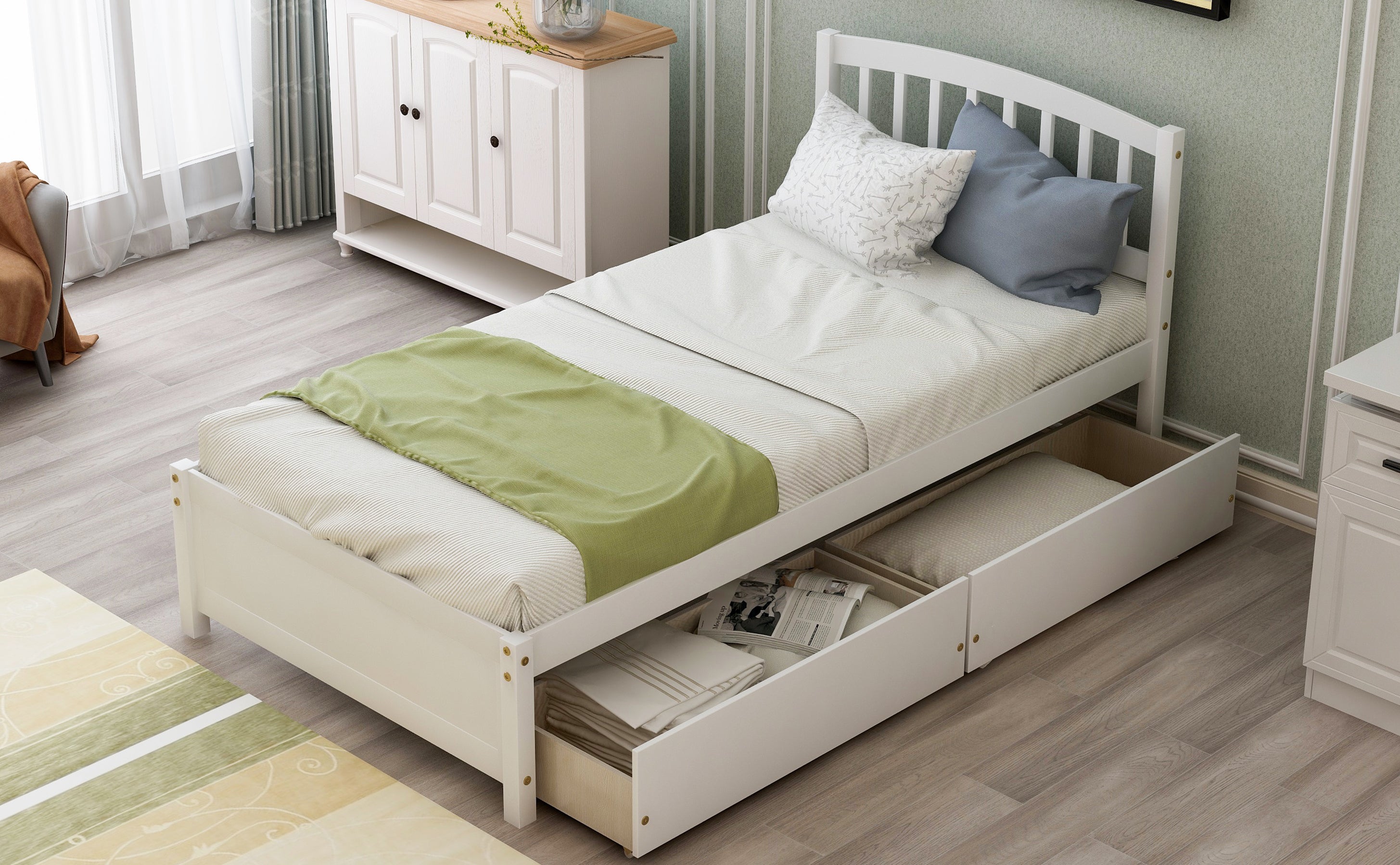 Twin Storage Bed w/ Drawers & Headboard - White-American Furniture Outlet