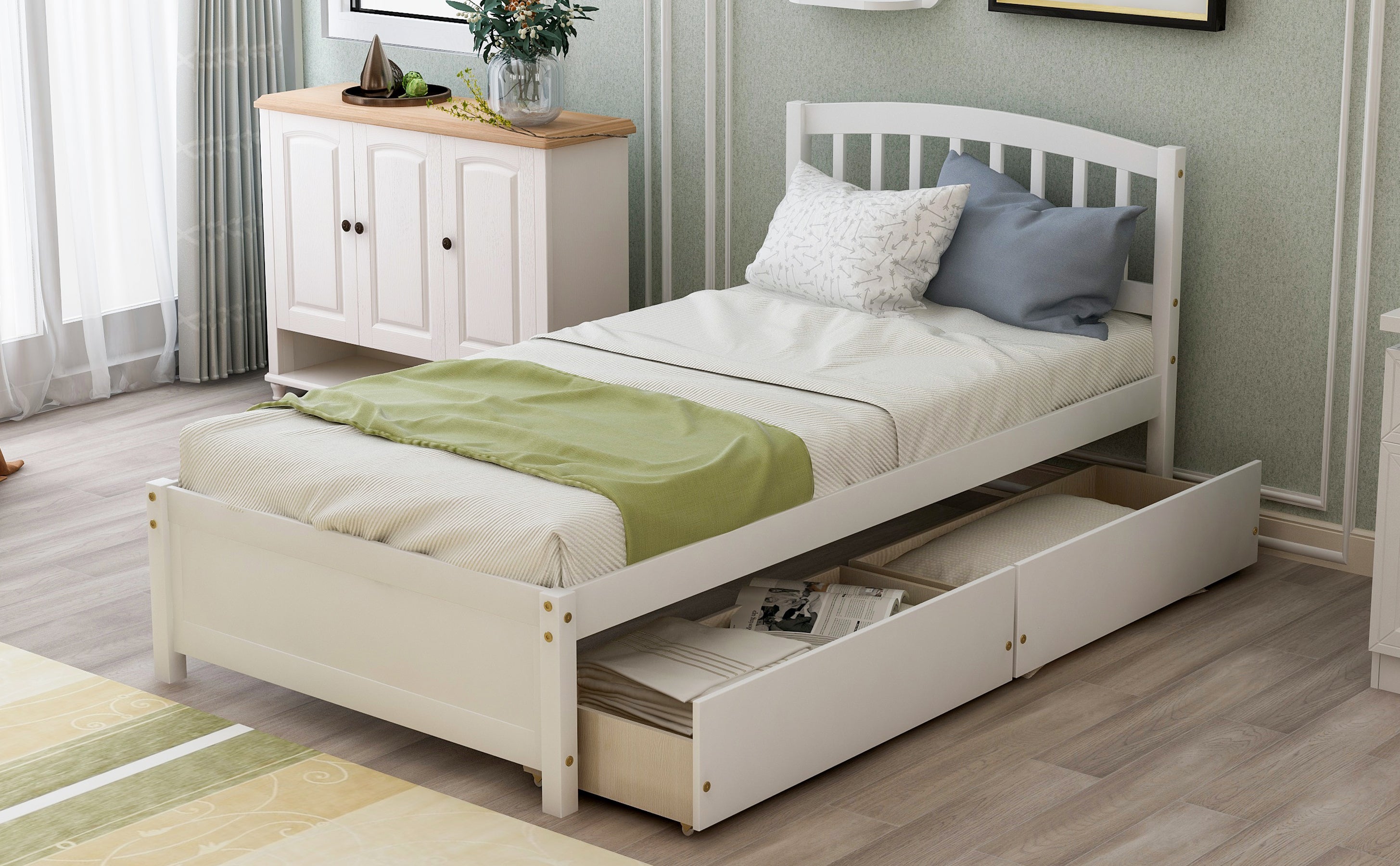 Twin Storage Bed w/ Drawers & Headboard - White-American Furniture Outlet