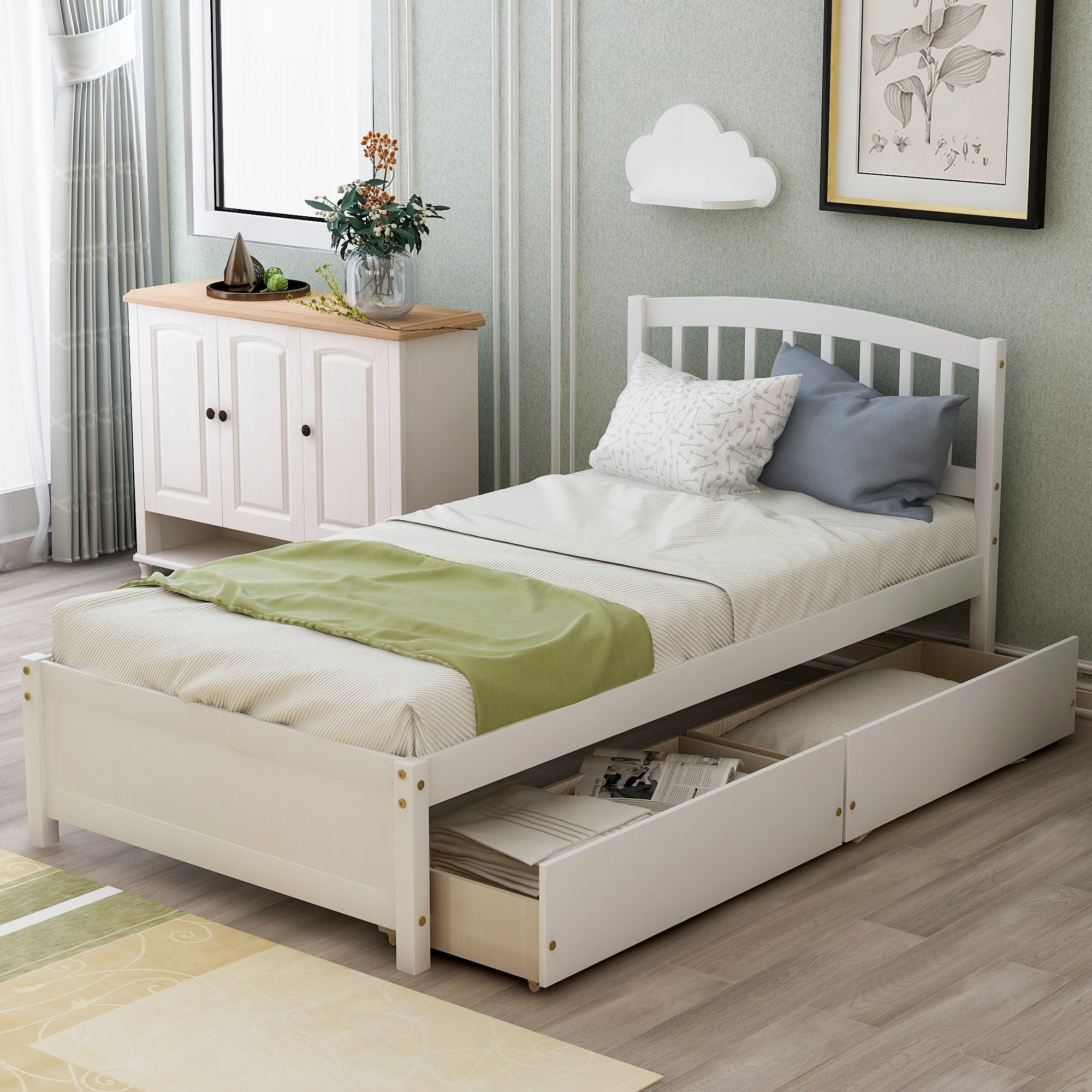 Twin Storage Bed w/ Drawers & Headboard - White-American Furniture Outlet