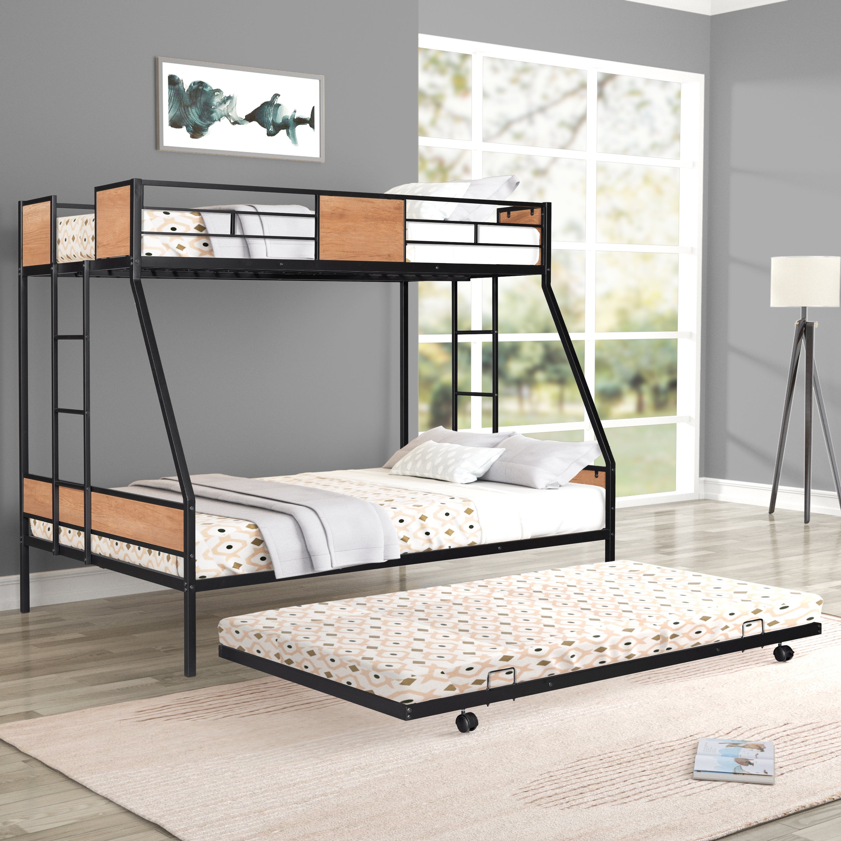 Twin/Full Bunk Bed w/Trundle, Metal Frame-American Furniture Outlet