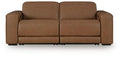 Caramel brown reclining sectional sofa with padded arms and wide seat cushions
