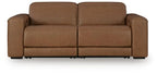 Caramel brown reclining sectional sofa with padded arms and wide seat cushions