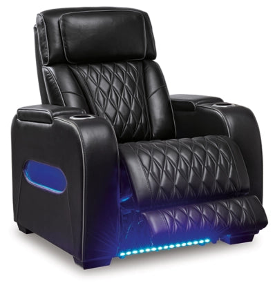 Black power recliner with blue LED accent light under the footrest area