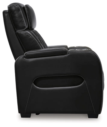 Black power recliner side view with wide arms and smooth contoured backrest
