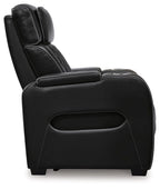 Black power recliner side view with wide arms and smooth contoured backrest