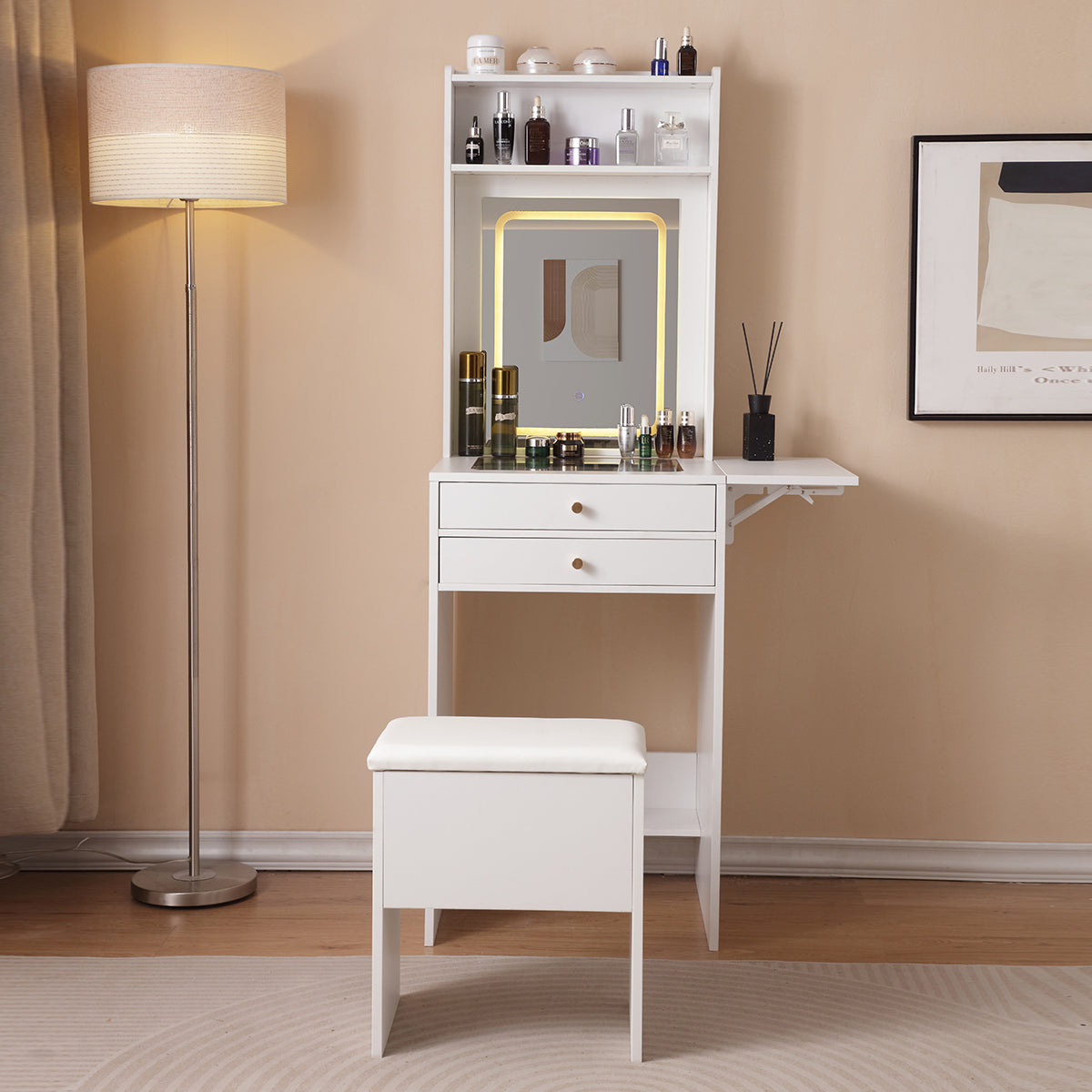 Vanity Desk with Lighted Mirror, Makeup Vanity Desk with Drawers and Storage Cabinet for Bedroom, Glass Desktop, 3 Lighting Modes Adjustable Brightness, Storage Stool, White-American Furniture Outlet