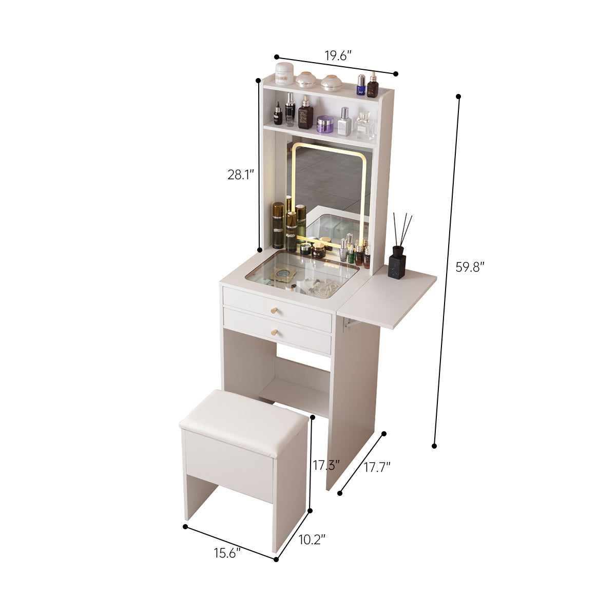 Vanity Desk with Lighted Mirror, Makeup Vanity Desk with Drawers and Storage Cabinet for Bedroom, Glass Desktop, 3 Lighting Modes Adjustable Brightness, Storage Stool, White-American Furniture Outlet