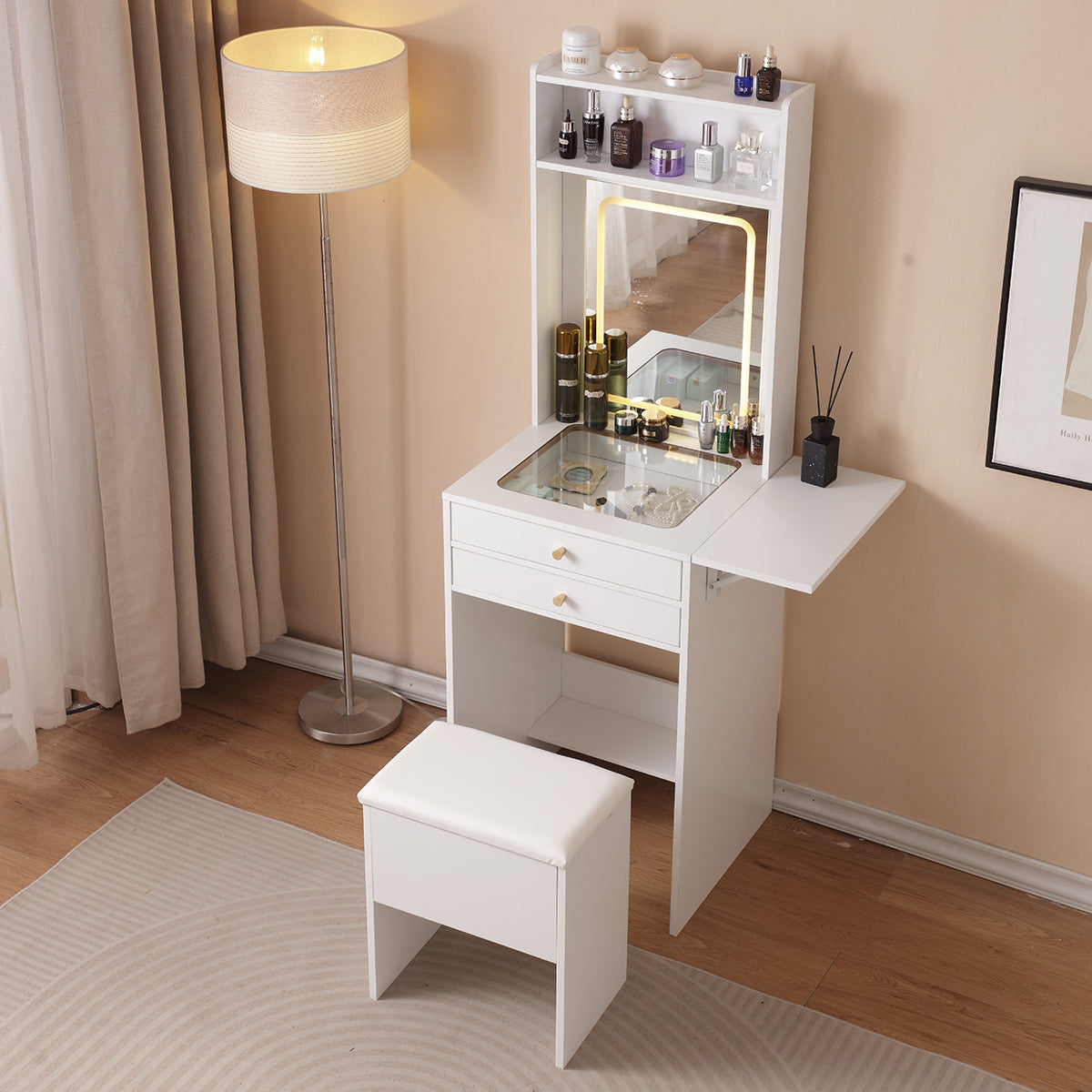 Vanity Desk with Lighted Mirror, Makeup Vanity Desk with Drawers and Storage Cabinet for Bedroom, Glass Desktop, 3 Lighting Modes Adjustable Brightness, Storage Stool, White-American Furniture Outlet