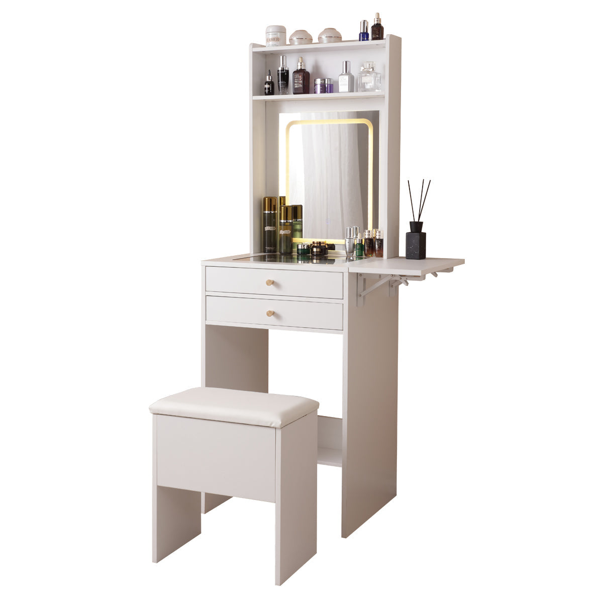 Vanity Desk with Lighted Mirror, Makeup Vanity Desk with Drawers and Storage Cabinet for Bedroom, Glass Desktop, 3 Lighting Modes Adjustable Brightness, Storage Stool, White-American Furniture Outlet