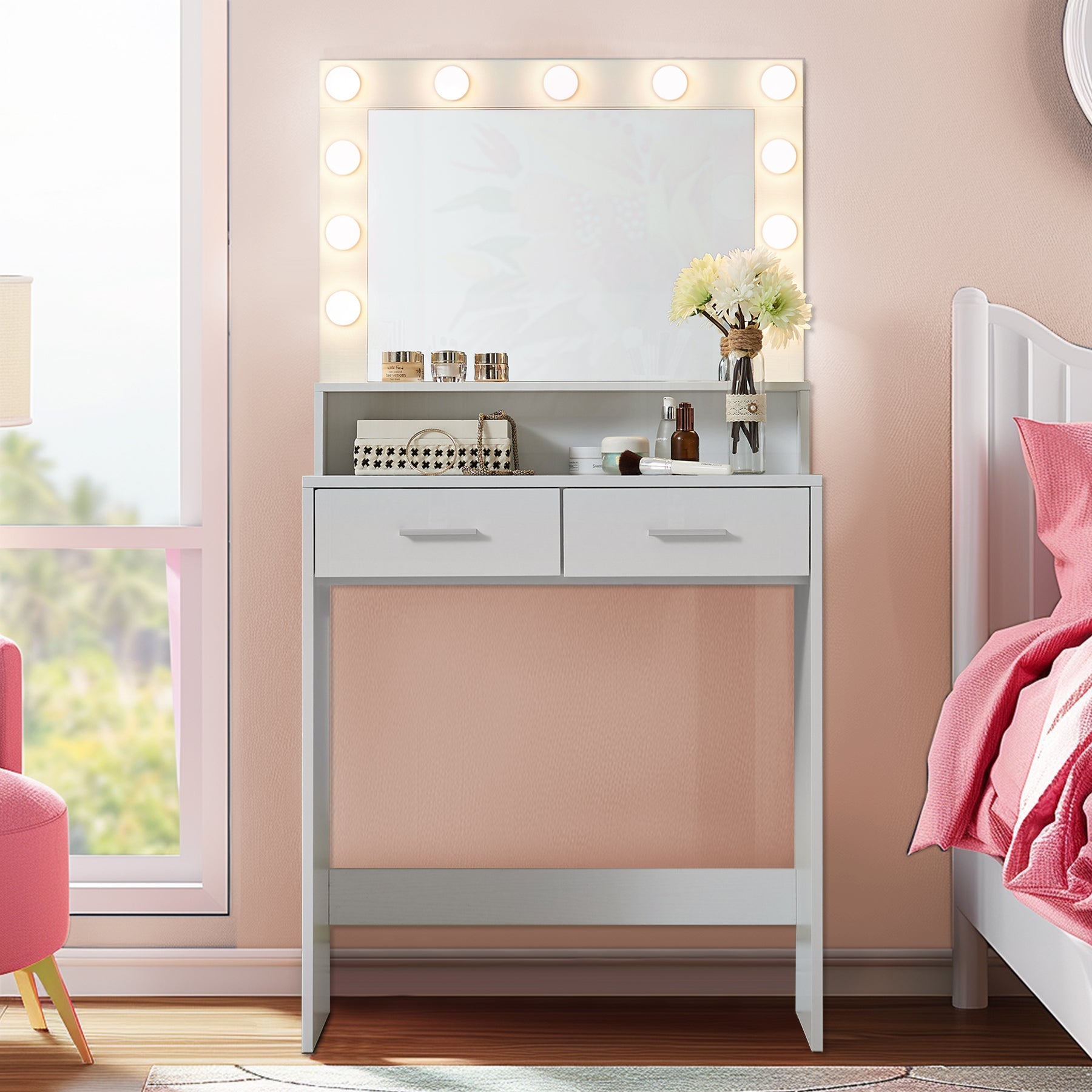 Vanity Desk with Mirror & Lights-American Furniture Outlet