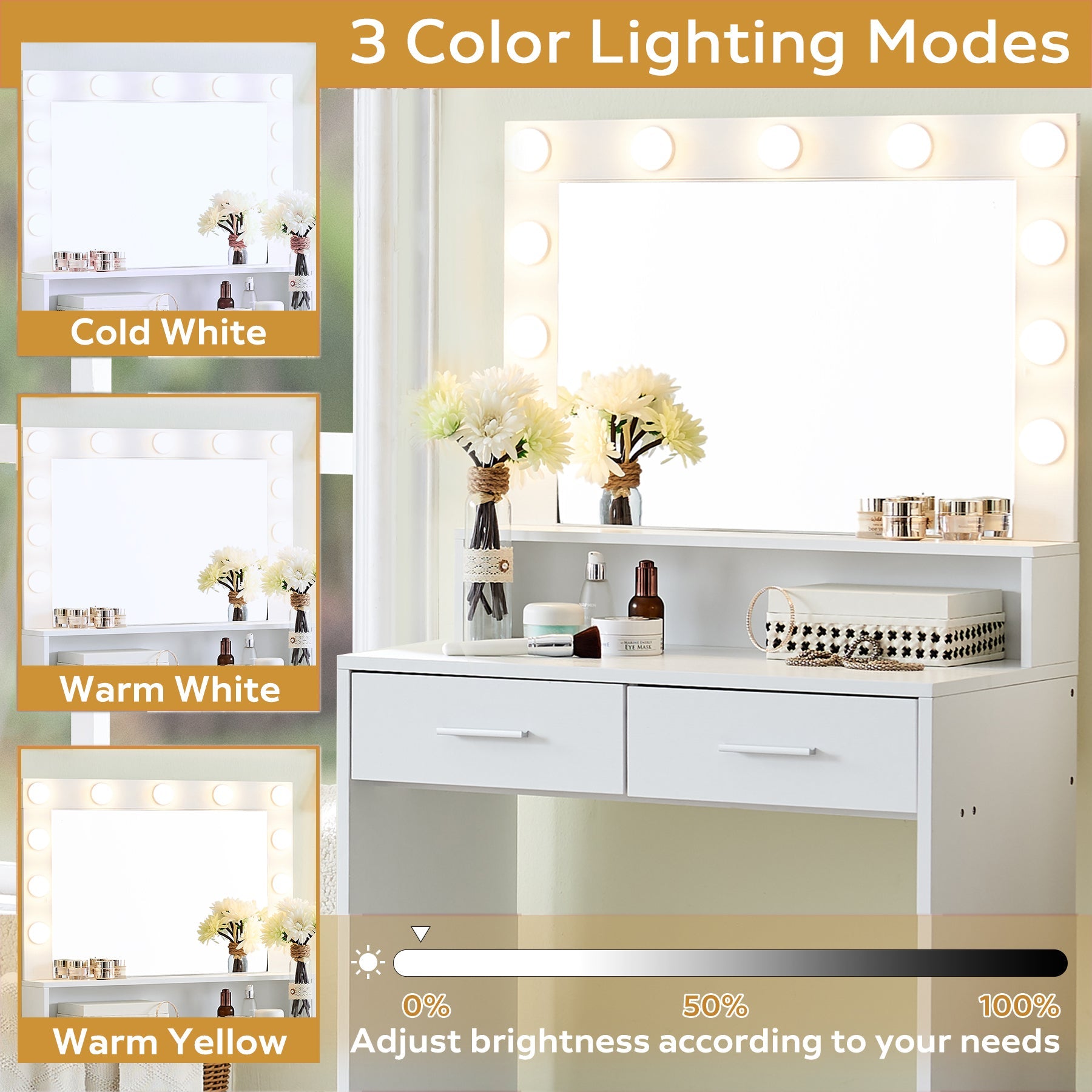 Vanity Desk with Mirror & Lights-American Furniture Outlet