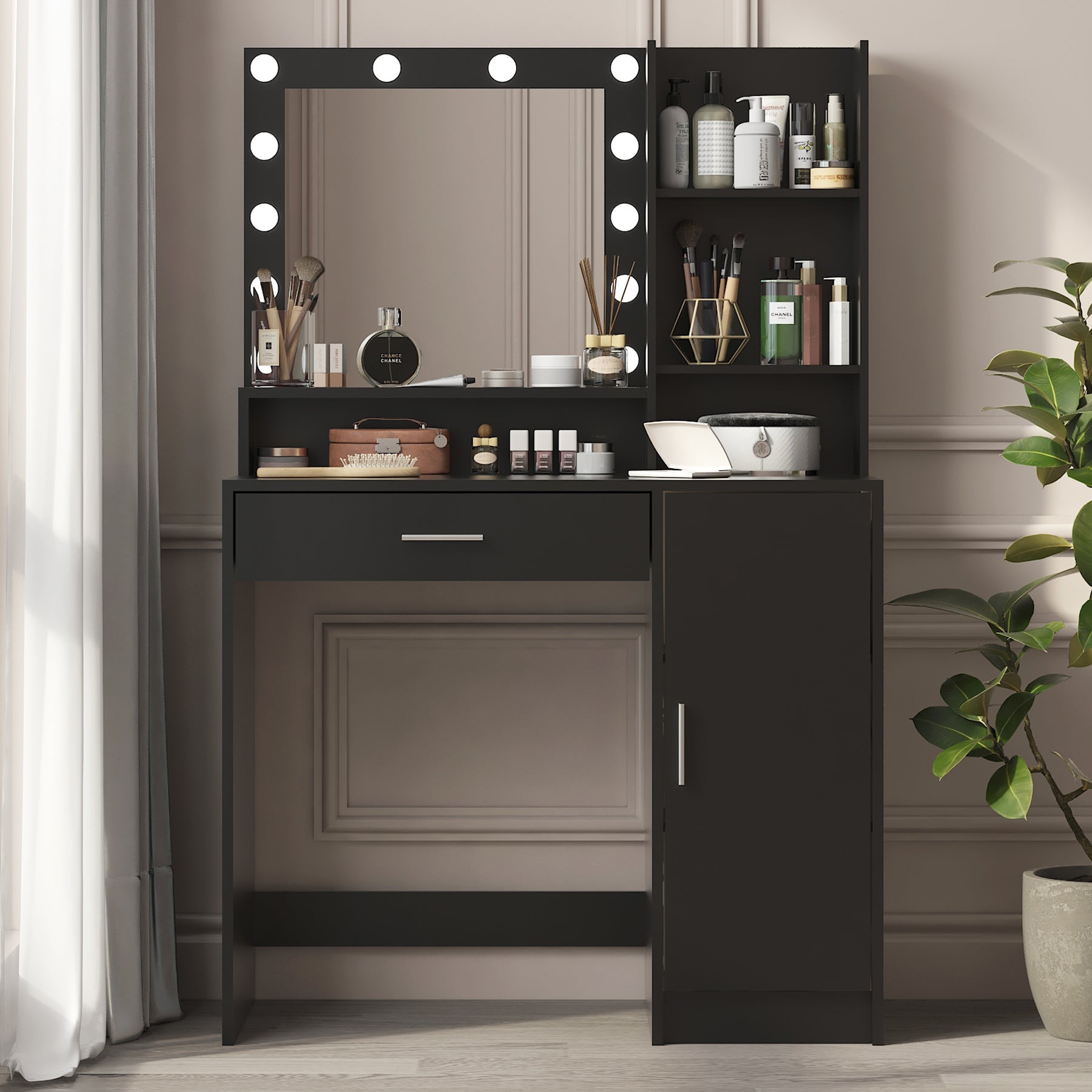 Vanity Desk with Mirror & Lights (Black)-American Furniture Outlet