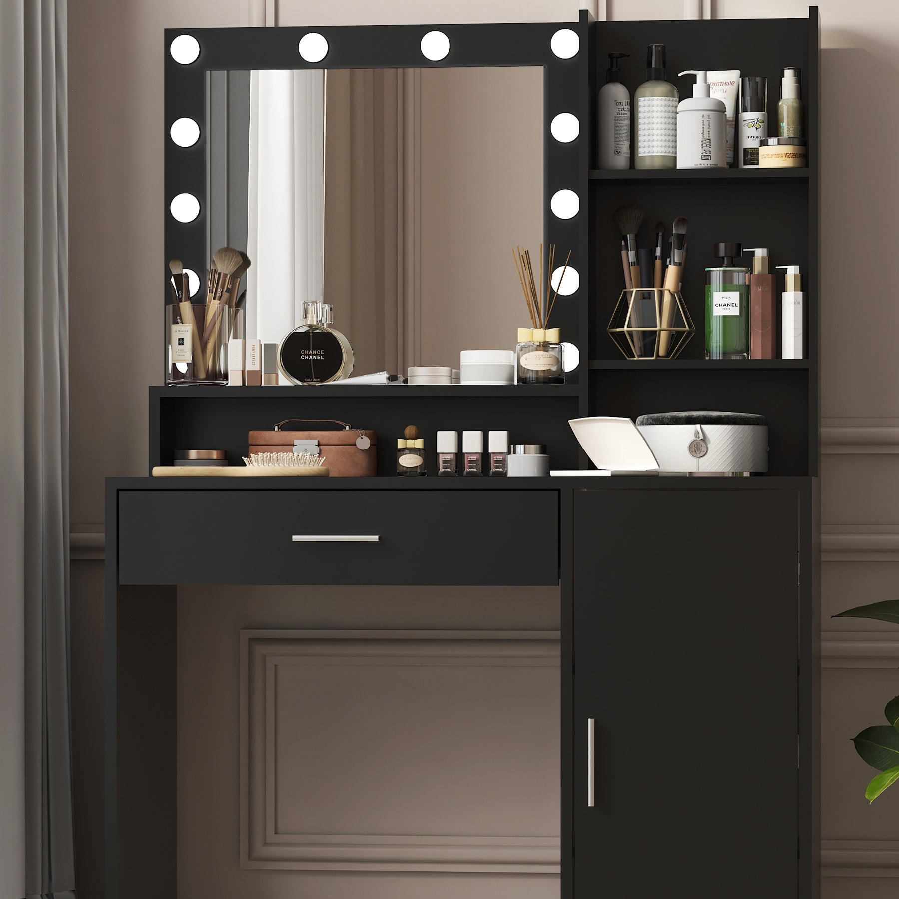 Vanity Desk with Mirror & Lights (Black)-American Furniture Outlet