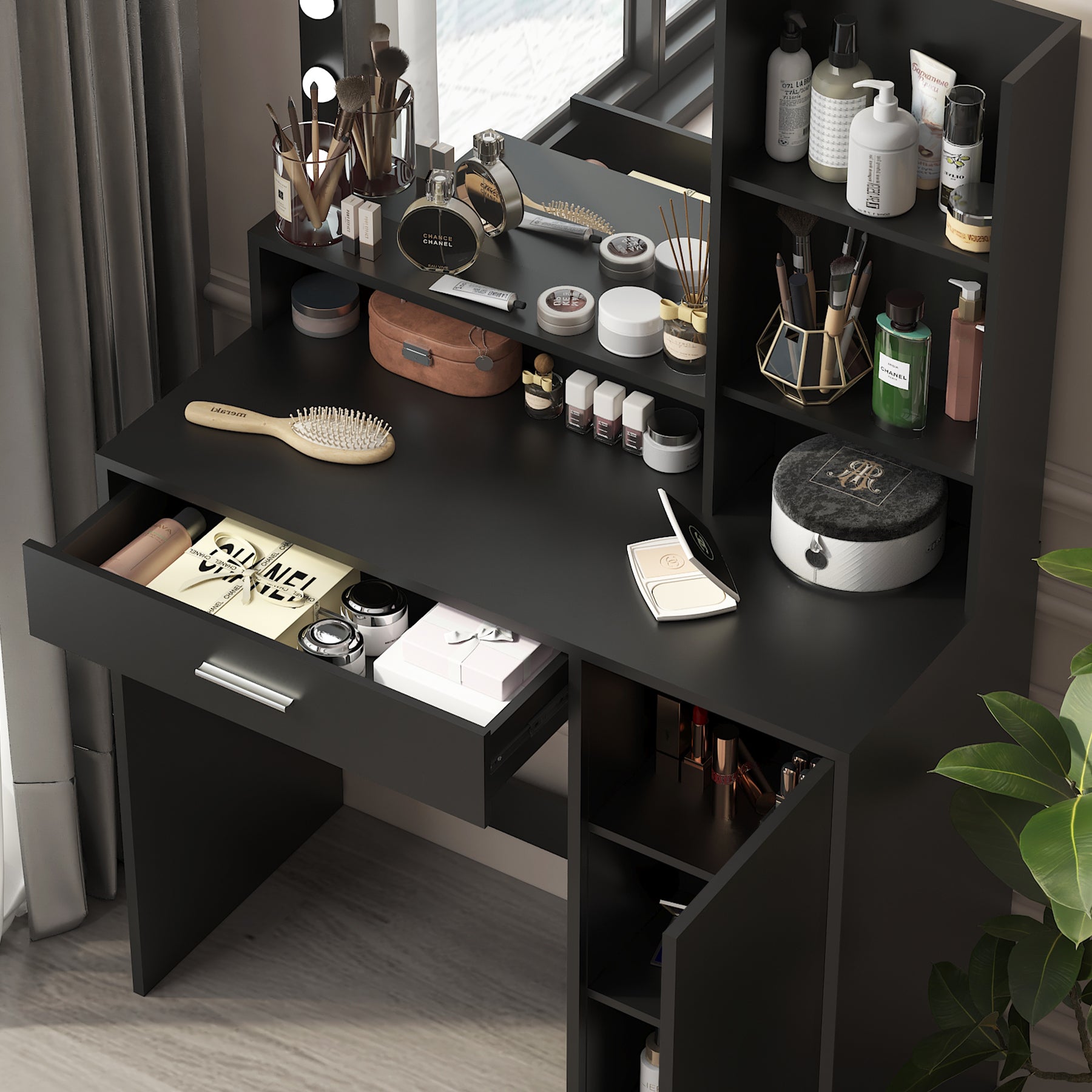 Vanity Desk with Mirror & Lights (Black)-American Furniture Outlet