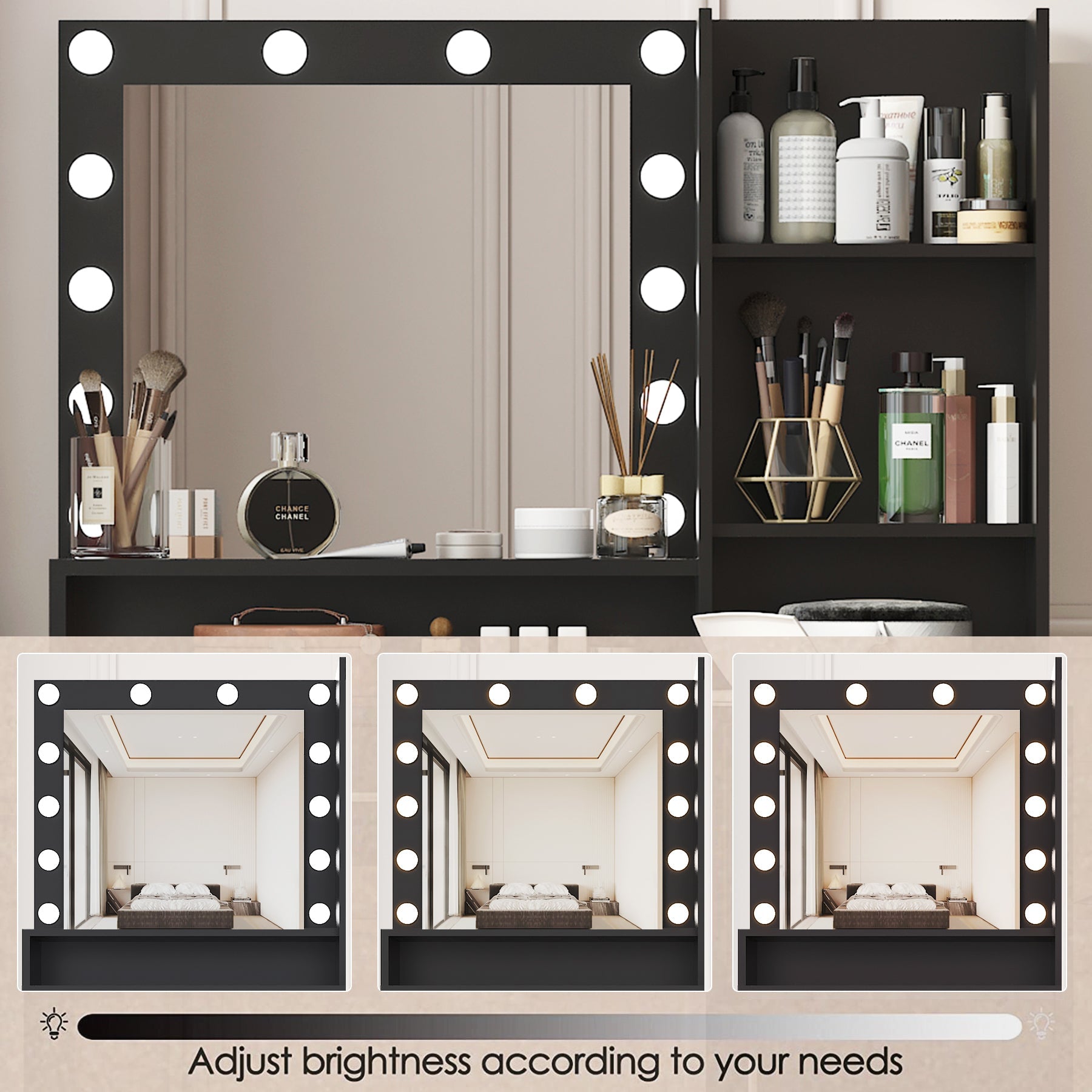 Vanity Desk with Mirror & Lights (Black)-American Furniture Outlet